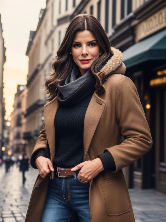 Sandra Bullock、(masterpiece:1.0), (Highest_quality:1.2), (Dark Shot:1.3), Classic Rogue, 1991 Rogue X-Men, 1 girl, Only 1, Head to Toe, standing on street corner, Elegant pose, (clothing: Brown winter coat, Brown color hood, Down lining, White scarf, gloves, jeans) Medium length hair, Brown Hair, Wavy Hair, One gray hair, Green Eyes, Mischievous look, Grin, Lips parted, Red lipstick, Heavy makeup, Confident expression, Backlight, (realism: 1.5), (Realistic: 1.4), (Disorganized:1.4), 8k, Very detailed, Detailed beautiful woman, (background: Midnight, it's snowing, On the streets of New York, Snowy Night), Official Art, Very detailed CG Unity 8k wallpaper, Perfect lighting, colorful, 超High resolution, photograph, 8k, High resolution, Kodak Portrait 400, Film Grain, blurry background, (Bokeh:1.2), (Vibrant_color:1.2), Film Grain:1.2, (Warm colors, Warm Tones:1.2), (color photo), Professional Photograph
