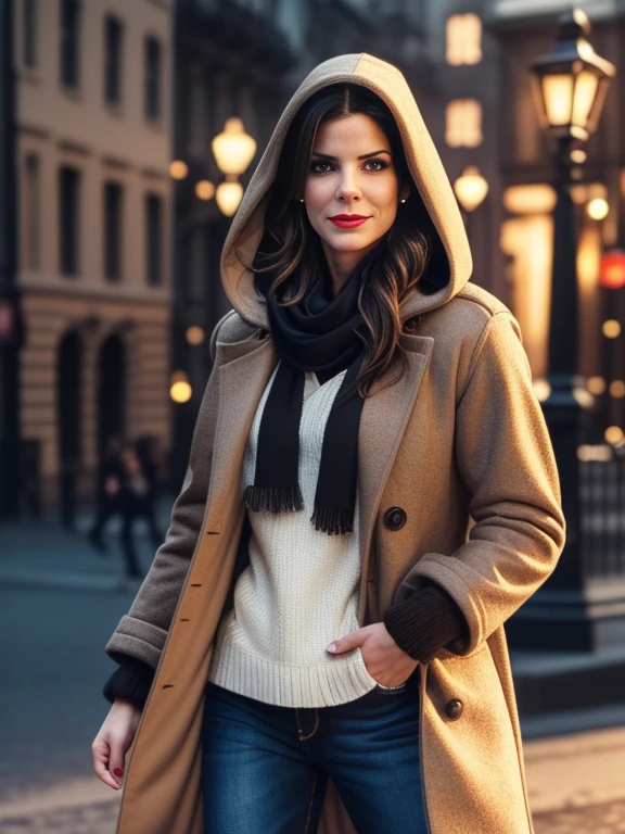 Sandra Bullock、(masterpiece:1.0), (Highest_quality:1.2), (Dark Shot:1.3), Classic Rogue, 1991 Rogue X-Men, 1 girl, Only 1, Head to Toe, standing on street corner, Elegant pose, (clothing: Brown winter coat, Brown color hood, Down lining, White scarf, gloves, jeans) Medium length hair, Brown Hair, Wavy Hair, One gray hair, Green Eyes, Mischievous look, Grin, Lips parted, Red lipstick, Heavy makeup, Confident expression, Backlight, (realism: 1.5), (Realistic: 1.4), (Disorganized:1.4), 8k, Very detailed, Detailed beautiful woman, (background: Midnight, it's snowing, On the streets of New York, Snowy Night), Official Art, Very detailed CG Unity 8k wallpaper, Perfect lighting, colorful, 超High resolution, photograph, 8k, High resolution, Kodak Portrait 400, Film Grain, blurry background, (Bokeh:1.2), (Vibrant_color:1.2), Film Grain:1.2, (Warm colors, Warm Tones:1.2), (color photo), Professional Photograph