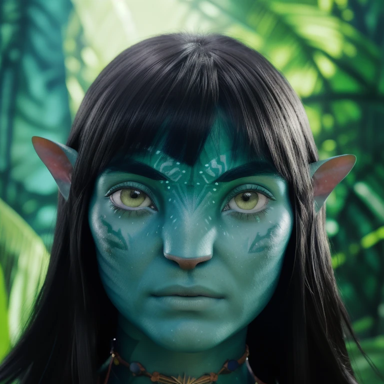 avatar style, (face portrait:1.6), naavi, 1girl, female, (silver eyes), (big eyes), ((eyebrowless)), pointy ears, (dark green blue skin tone:1.0), (straight hair:1.0), black hair color, ((long hair with bangs)), (young adult), 18 years old, face wrinkles, wearing colorful tribal clothing, (wearing tribal acessories), detailed eyes, toned body, muscled body, vibrant colors, glowing, ethereal atmosphere, surrealistic dreamy lighting, textured skin, otherworldly beauty, mesmerizing photography, (best quality, highres), vivid colors, ultrarealistic, skin details, striped skin, sfw, face close-up:0.5, ultradetailed body, ((greenish blue skin))