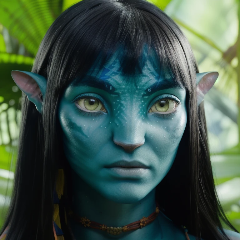 avatar style, (face portrait:1.6), naavi, 1girl, female, (silver eyes), (big eyes), ((eyebrowless)), pointy ears, (dark green blue skin tone:1.0), (straight hair:1.0), black hair color, ((long hair with bangs)), (young adult), 18 years old, face wrinkles, wearing colorful tribal clothing, (wearing tribal acessories), detailed eyes, toned body, muscled body, vibrant colors, glowing, ethereal atmosphere, surrealistic dreamy lighting, textured skin, otherworldly beauty, mesmerizing photography, (best quality, highres), vivid colors, ultrarealistic, skin details, striped skin, sfw, face close-up:0.5, ultradetailed body, ((greenish blue skin))