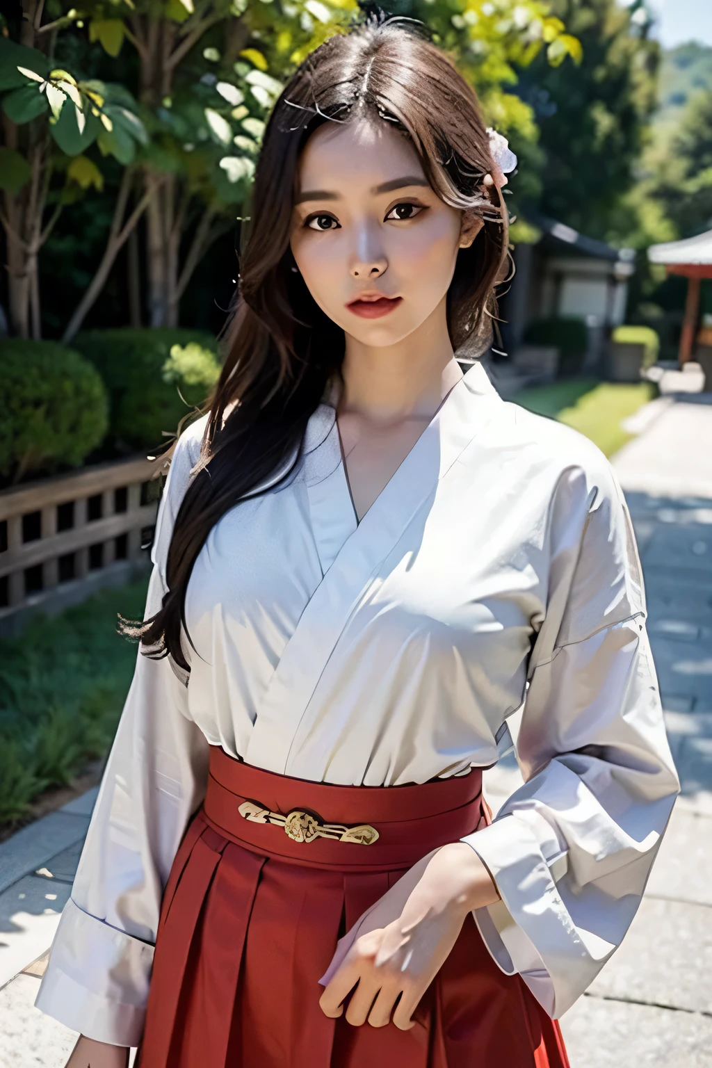 highest quality,masterpiece,Very detailed,High resolution,8K,ultra High resolution,Detailed Shadows,ultra Realistic,Realistic，Detailed face,Dramatic lighting,One girl,alone，A photo with a Japanese white dragon,Detailed face,Beautiful Face，Looking straight here，Realistic eyes,Realistic skin,White kimono with red long skirt,Black Hair,Shrine Maiden Costume，Standing pose，Photograph from the knees up, White kimono，Red long skirt，Miko