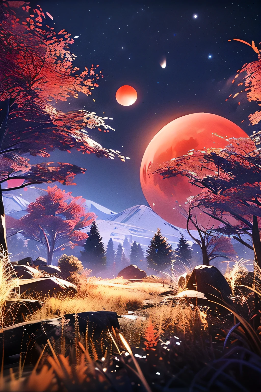 (((Three rich red moons in a (dark night sky) right and left of the middle moon))). The middle moon is largest, the right one is second largest, the left is smallest. They are ((above a ((dense)) forest)). ((Landscape)), (((no people))) (((no characters)))