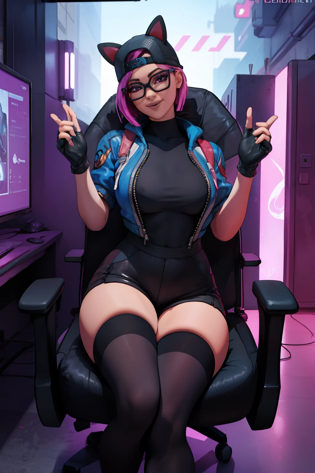 (masterpiece), (best quality),Gamer chair (solo), looking the viewer, cyberpunk, high detailed,extremely detailed,shorts,long White thigh high socks, jacket, fine eyes, smile,dynamic pose, short pink hair,cap,fingerless glove,glasses.