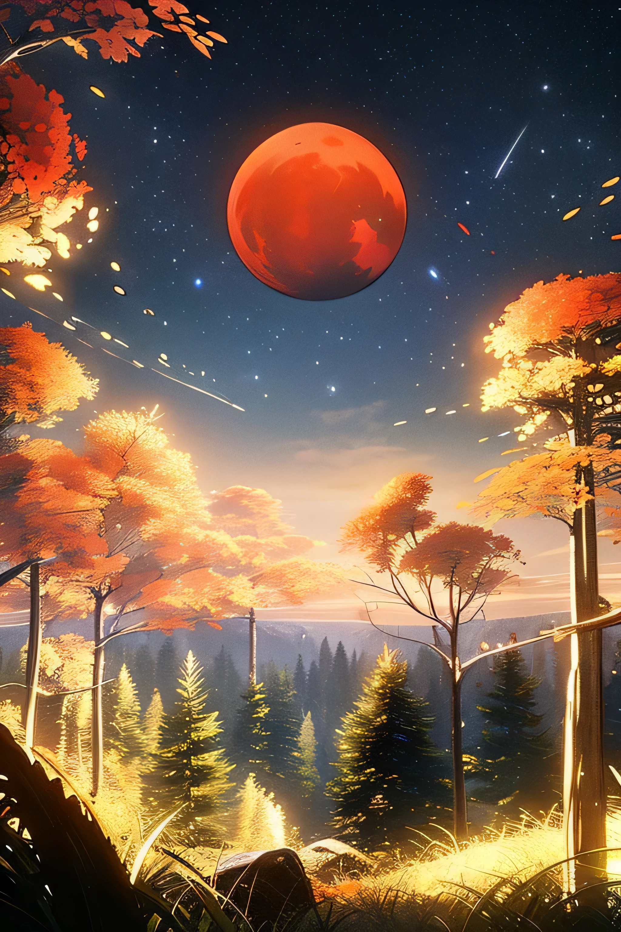 (((Three rich red moons in a (dark night sky) right and left of the middle moon))). The middle moon is largest, the right one is second largest, the left is smallest. They are ((above a ((dense)) forest)). ((Landscape)), (((no people))) (((no characters)))