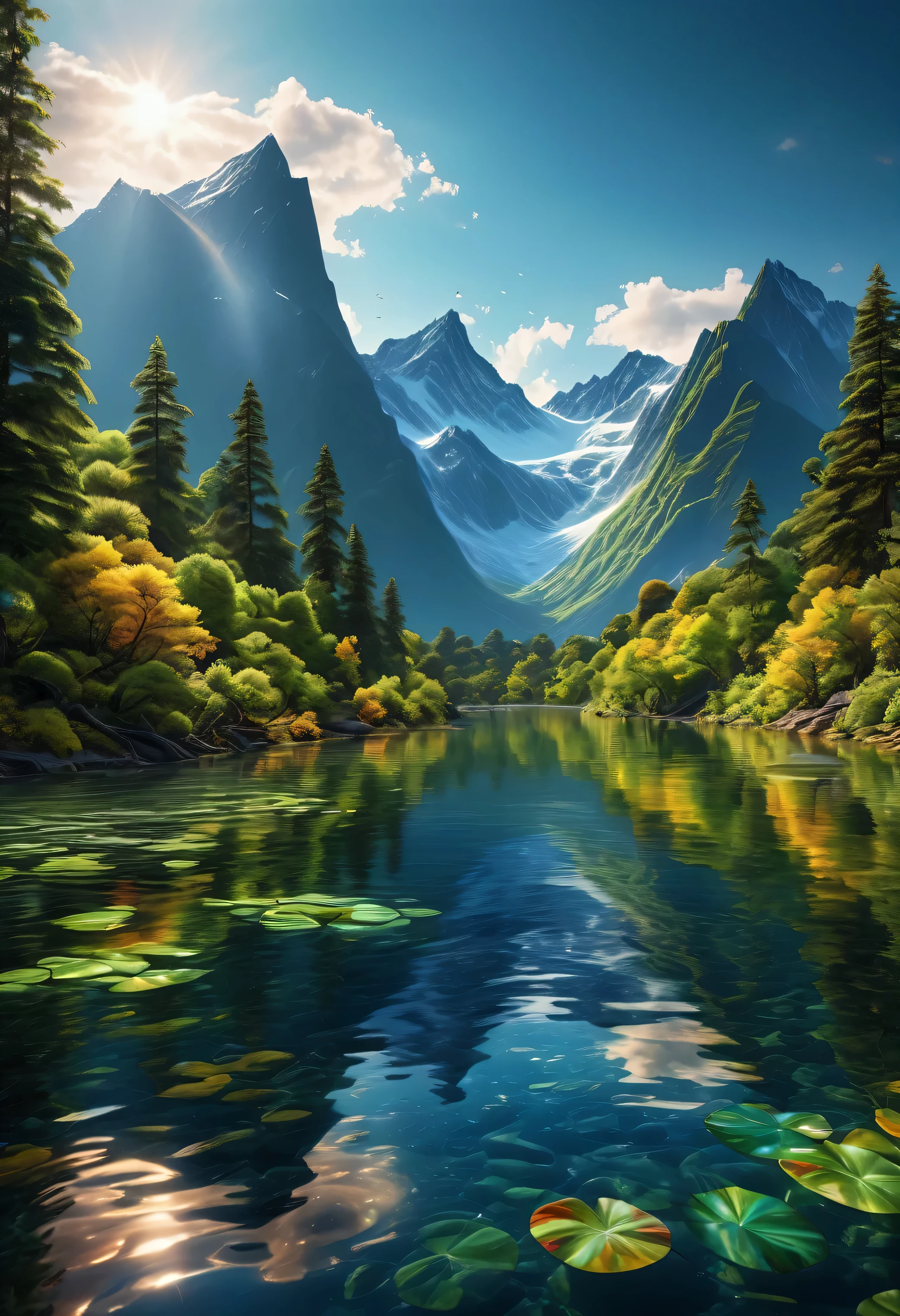 (Best quality, 8k, high-resolution, hyperrealism: 1.2), vibrant colors, sharp focus, insanely detailed, Libertywave style, (hyper-realistic, photorealistic: 1.37) representation of an ethereal scene. The image showcases the extreme beauty of nature in extraordinary detail, encapsulating the unique essence of the Libertywave art style.
The focal point of the painting is a breathtaking panorama, featuring grandiose mountains reaching for the heavens. These mountains are draped in a vivid mosaic of lush vegetation, with trees standing proudly, basking in the sunlight and showing off
