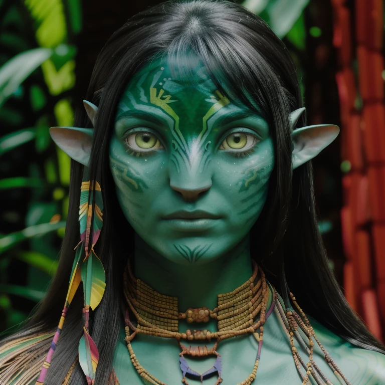 avatar style, (face portrait:1.6), naavi, 1girl, female, (silver eyes), (big eyes), ((eyebrowless)), pointy ears, (forest green skin tone:1.0), (straight hair:1.0), black hair color, ((long hair)), (young adult), 18 years old, face wrinkles, wearing colorful tribal clothing, (wearing tribal acessories), detailed eyes, toned body, muscled body, vibrant colors, glowing, ethereal atmosphere, surrealistic dreamy lighting, textured skin, otherworldly beauty, mesmerizing photography, (best quality, highres), vivid colors, ultrarealistic, skin details, striped skin, sfw, face close-up:0.5, ultradetailed body, ((green skin))