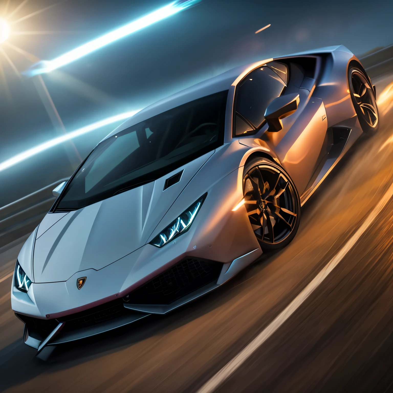 Lamborghini huracan, drifting chase, action shot, high speed, night life, heavy rain, lens flare, intricate, elegant, highly detailed, realistic, concept art, matte, sharp focus, hearthstone