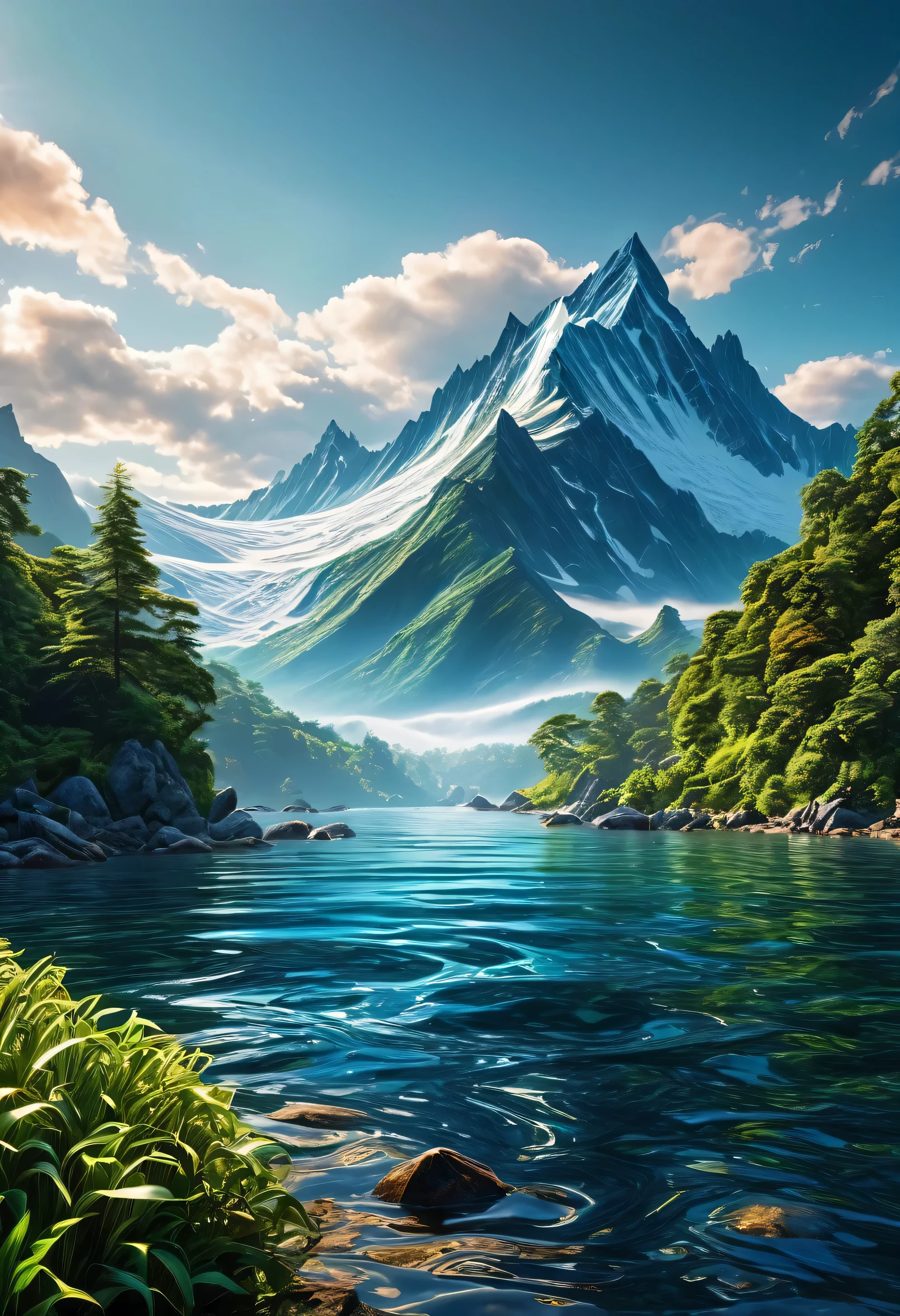 (Best quality, 8k, high-resolution, hyperrealism: 1.2), vibrant colors, sharp focus, insanely detailed, Libertywave style, (hyper-realistic, photorealistic: 1.37) representation of an ethereal scene. The image showcases the extreme beauty of nature in extraordinary detail, encapsulating the unique essence of the Libertywave art style.
The focal point of the painting is a breathtaking panorama, featuring grandiose mountains reaching for the heavens. These mountains are draped in a vivid mosaic of lush vegetation, with trees standing proudly, basking in the sunlight and showing off