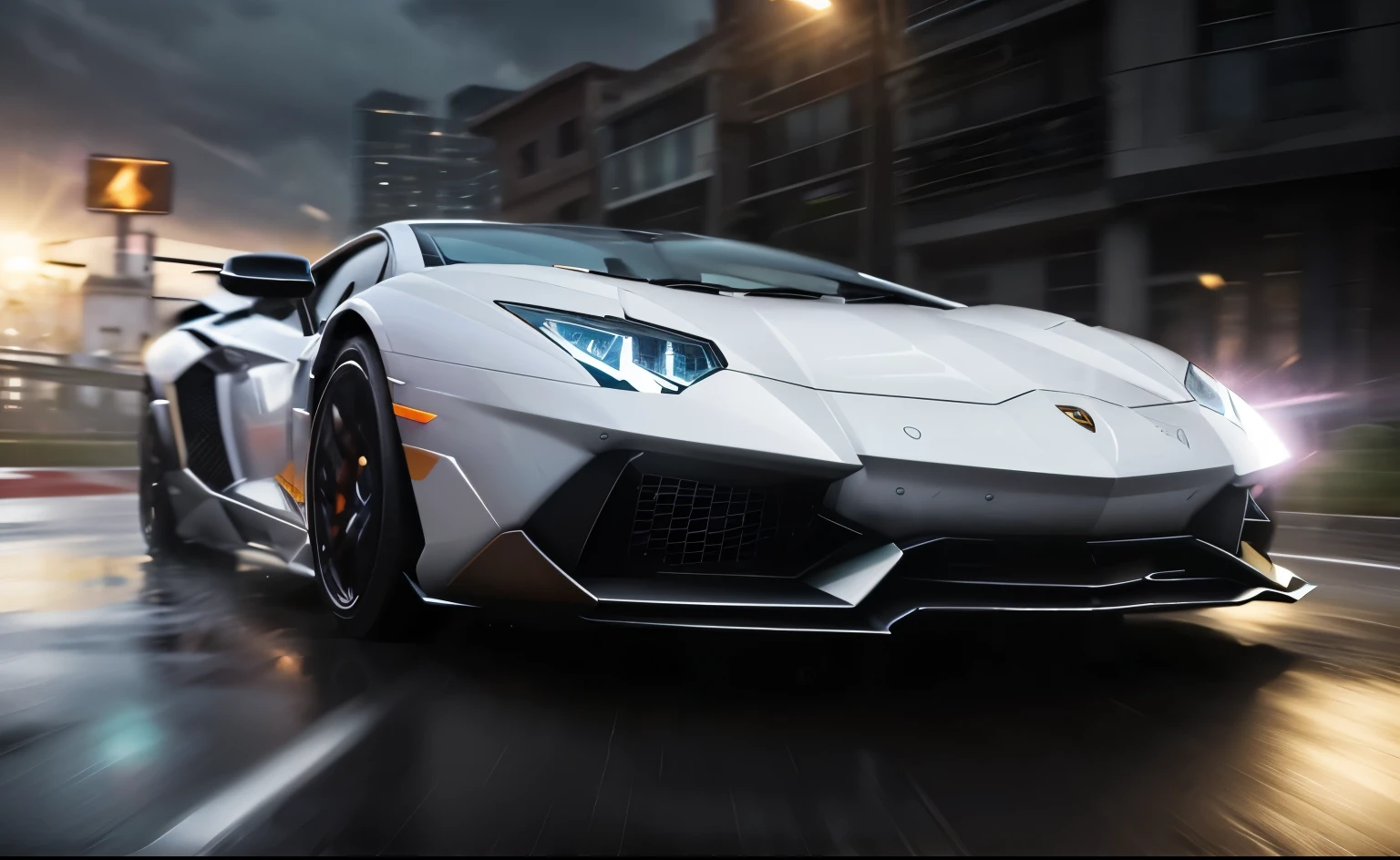 Lamborghini aventador sv , color white, drifting chase, action shot, high speed, night life, heavy rain, lens flare, intricate, elegant, highly detailed, realistic, concept art, matte, sharp focus, hearthstone