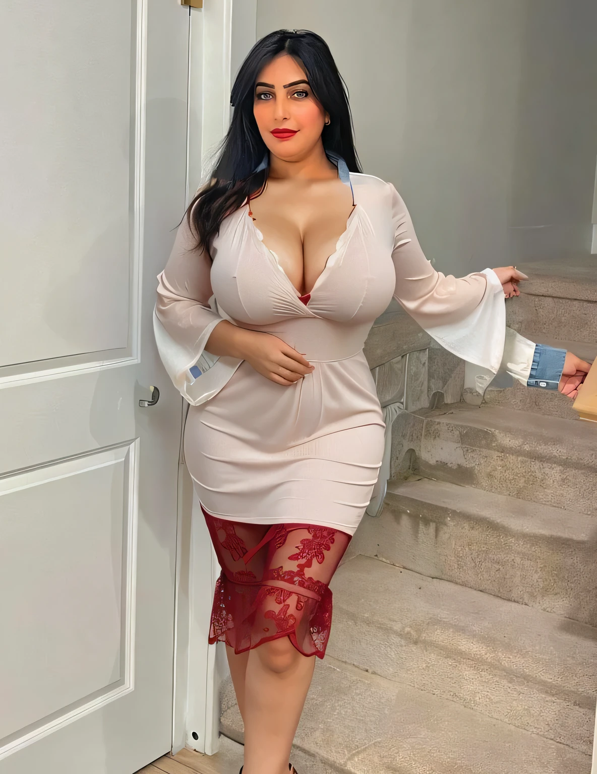 Red Summer dress, cleavage, curvy figures, skin match