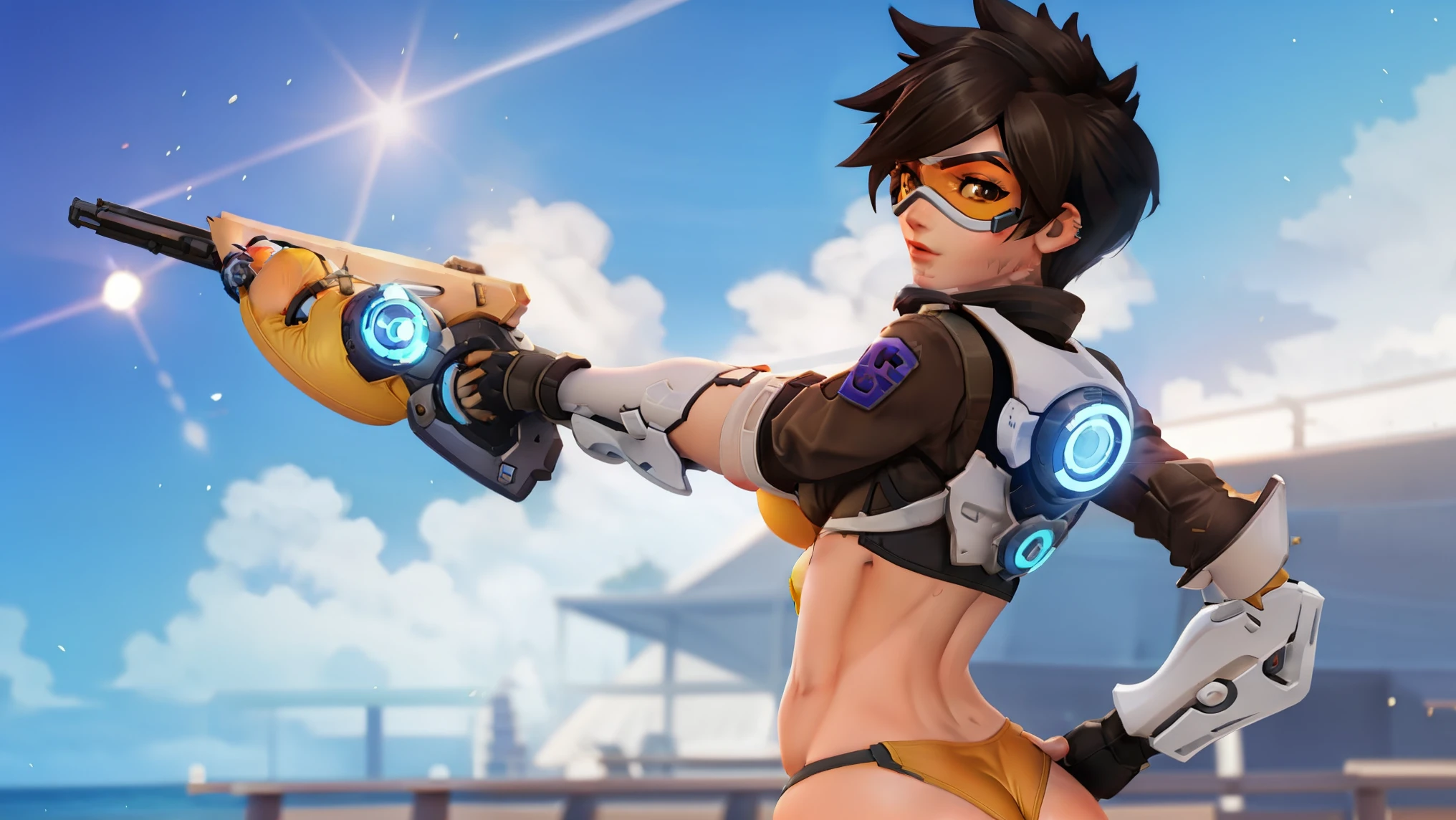 Tracer from Overwatch is wearing a slutty bikini. sexy. bending over. back view. small breasts, looking at viewer. nsfw. slut. thicc_ass