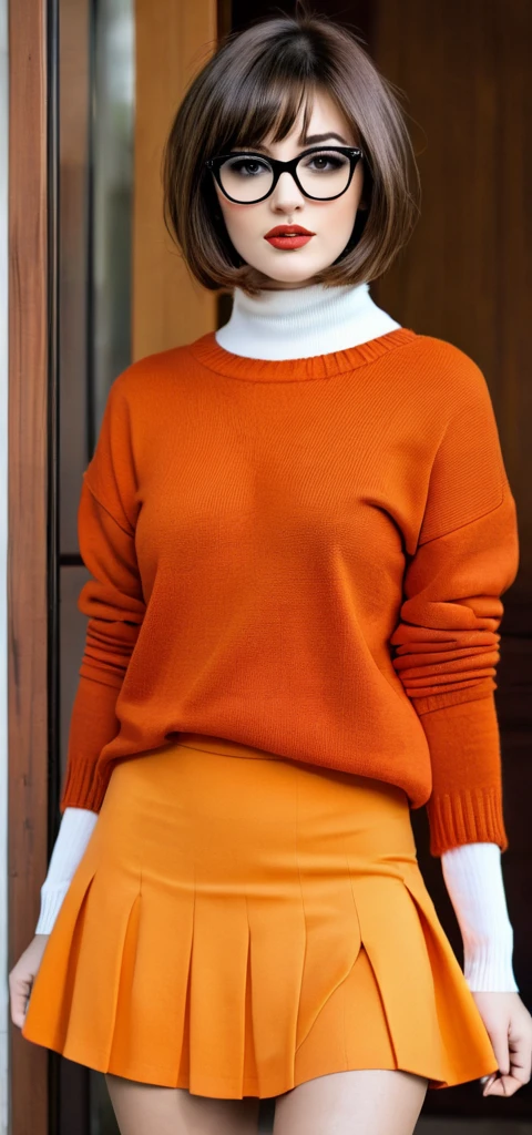 Orange sweater glasses bob cut brown hair red skirt long socks Orange thin waist big bust