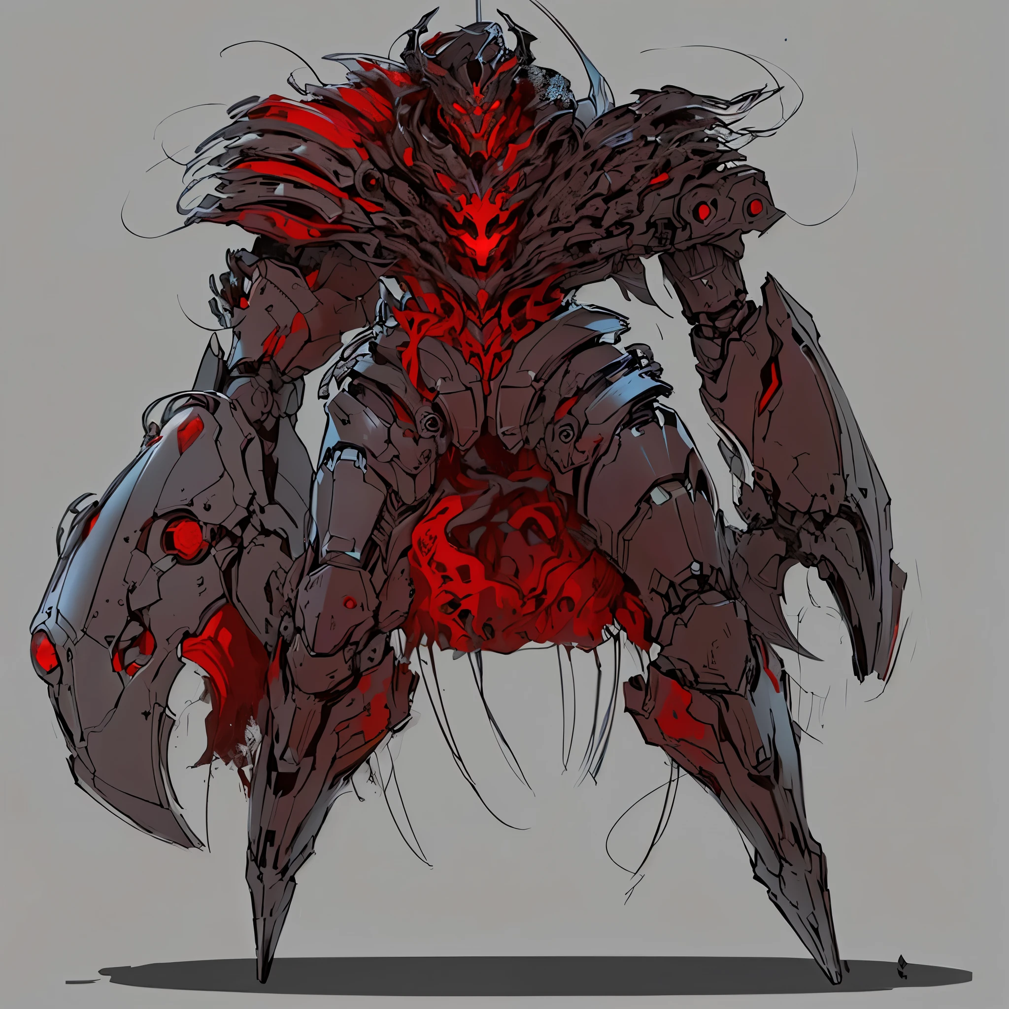 a drawing of a robot with red eyes and a large body, Sangrento + arte conceitual, demon soul arte conceitual, monster arte conceitual, conceito de corpo inteiro, conceito criatura personagem arte, creature arte conceitual, projeto de criatura, conceito de criatura realista, detailed conceito de corpo inteiro, criatura da loucura, personagem conceitual, arte infestada de warframe, cosmic horror arte conceitual, conceito de personagem irrealista