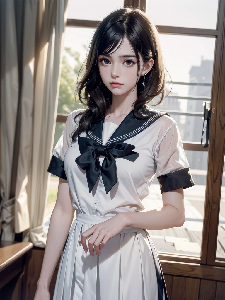 cowboy shot, absurdres, RAW photo, extremely delicate and beautiful, masterpiece, Best Quality, ultra high resolution, 32k, hyperrealistic, ultra-detailed, detailed description, pale skin, 20 years old, tearful mole, earring, Colossal tits, short medium hair, wavy hair, sailor uniform, school_uniform,