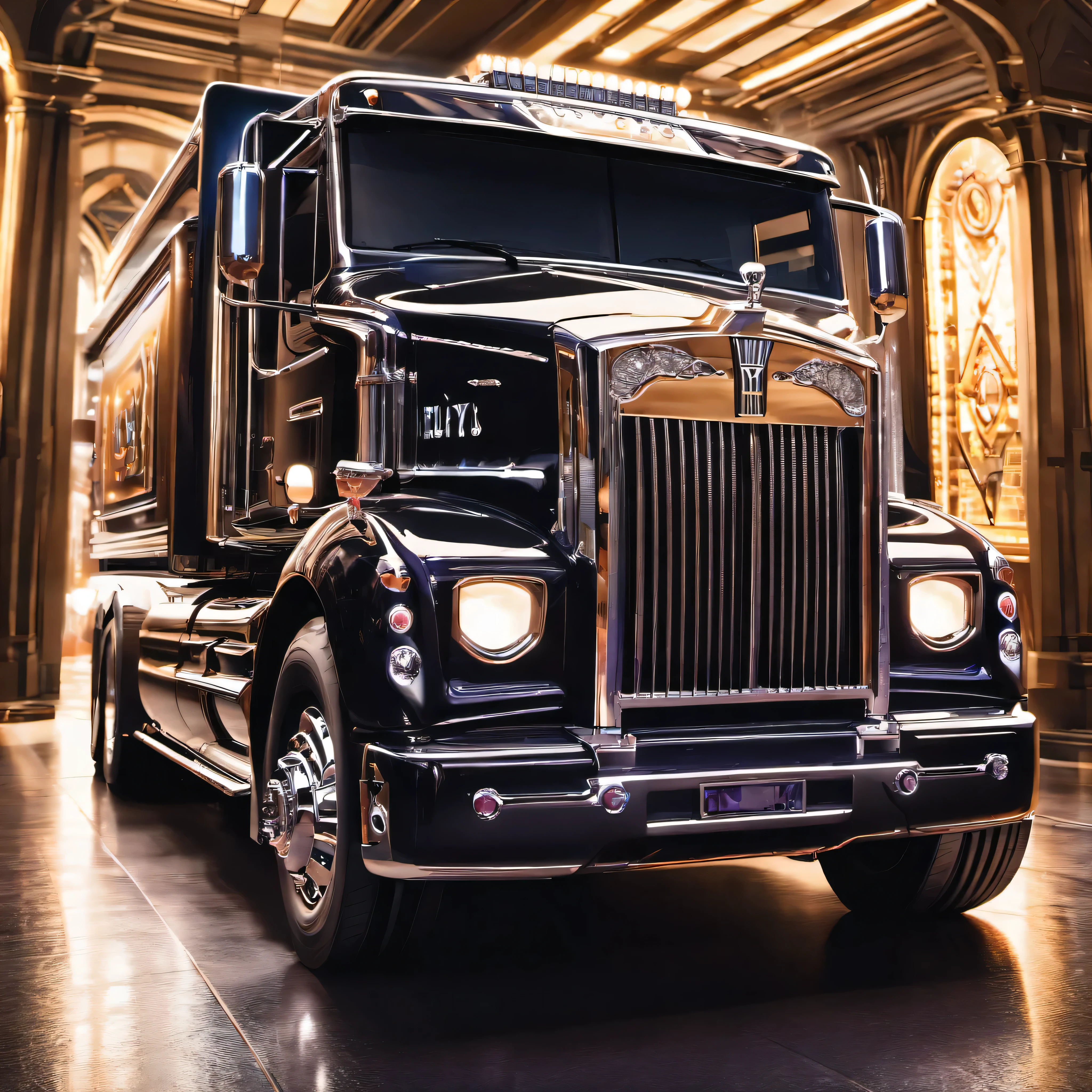 (ultra-detailed,highres,masterpiece:1.2),HDR,UHD,extremely detailed luxury semi truck with sleeper parked on a beautifully landscaped background,medium:realistic, detailed rendering of a 2023 Rolls Royce Ghost semi truck with a glossy black exterior,shiny chrome accents, and large, imposing wheels,professional,portrait-like view of the truck showing its elegant curves and sleek lines,vivid colors,sharp focus on the intricate details of the truck's front grille,headlights,and logo,photorealistic image of the truck's luxuriously appointed sleeper cabin,including plush leather seats,wooden accents,and state-of-the-art technology,concept artist's interpretation of the truck's interior, floor-to-ceiling windows, and panoramic roof,bokeh lighting effect highlighting the truck's regal presence and enhancing its overall appeal,studio lighting emphasizing the truck's high-end craftsmanship and creating a captivating ambiance,exquisite attention to detail in capturing the truck's signature features, such as the iconic Rolls Royce Spirit of Ecstasy figurine, and the elegant Spirit of Ecstasy illuminated grille ornament,meticulously rendered street scene,reflecting the truck's opulence and exclusivity,photography-inspired composition, capturing the truck from an artistic angle,highlighting its grandeur and conveying a sense of power and sophistication.