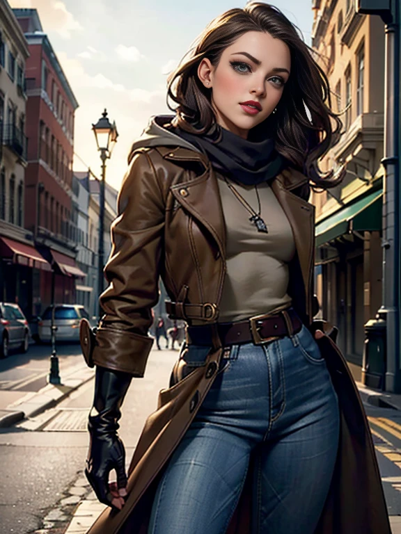 Amanda Seyfried、(masterpiece:1.0), (Highest_quality:1.2), (Dark Shot:1.3), Classic Rogue, 1991 Rogue X-Men, 1 girl, Only 1, Head to Toe, standing on street corner, Elegant pose, (clothing: Brown winter coat, Brown color hood, Down lining, White scarf, gloves, jeans) Medium length hair, Brown Hair, Wavy Hair, One gray hair, Green Eyes, Mischievous look, Grin, Lips parted,  Red lipstick, Heavy makeup, Confident expression, Backlight, (realism: 1.5), (Realistic: 1.4), (Disorganized:1.4), 8k, Very detailed, Detailed beautiful woman,  (background: Midnight, it&#39;s snowing, On the streets of New York, Snowy Night), Official Art, Very detailed CG Unity 8k wallpaper, Perfect lighting, colorful, 超High resolution, photograph, 8k, High resolution, Kodak Portrait 400, Film Grain, blurry background, (Bokeh:1.2), (Vibrant_color:1.2), Film Grain:1.2, (Warm colors, Warm Tones:1.2), (color photo), Professional Photograph