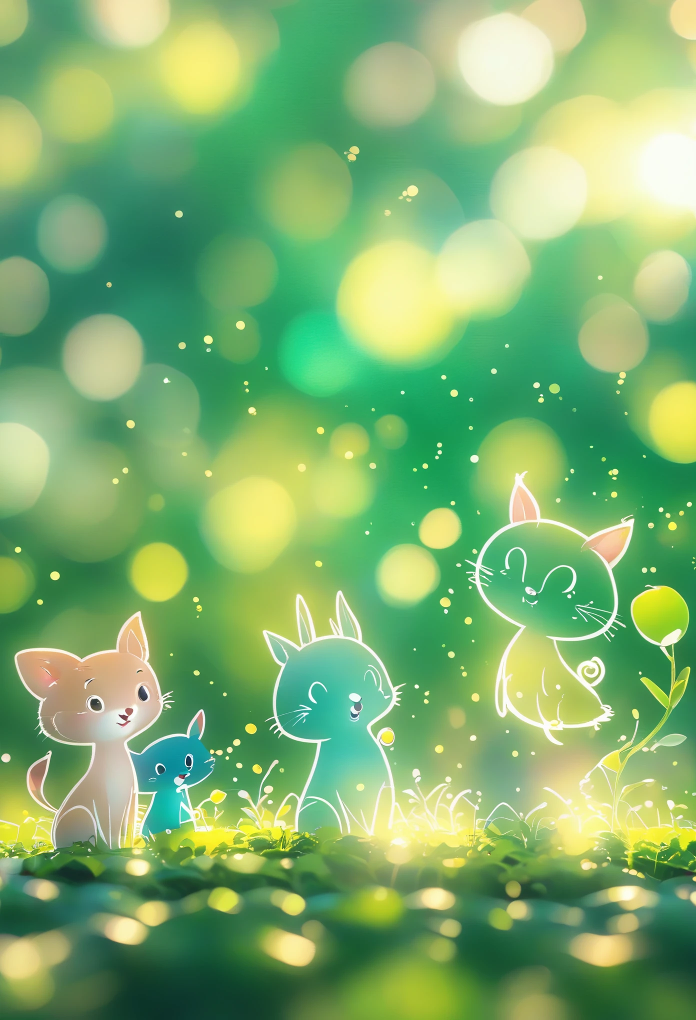 Cartoon animals close-up on green background、Blurred dream picture、Strong bokeh effect