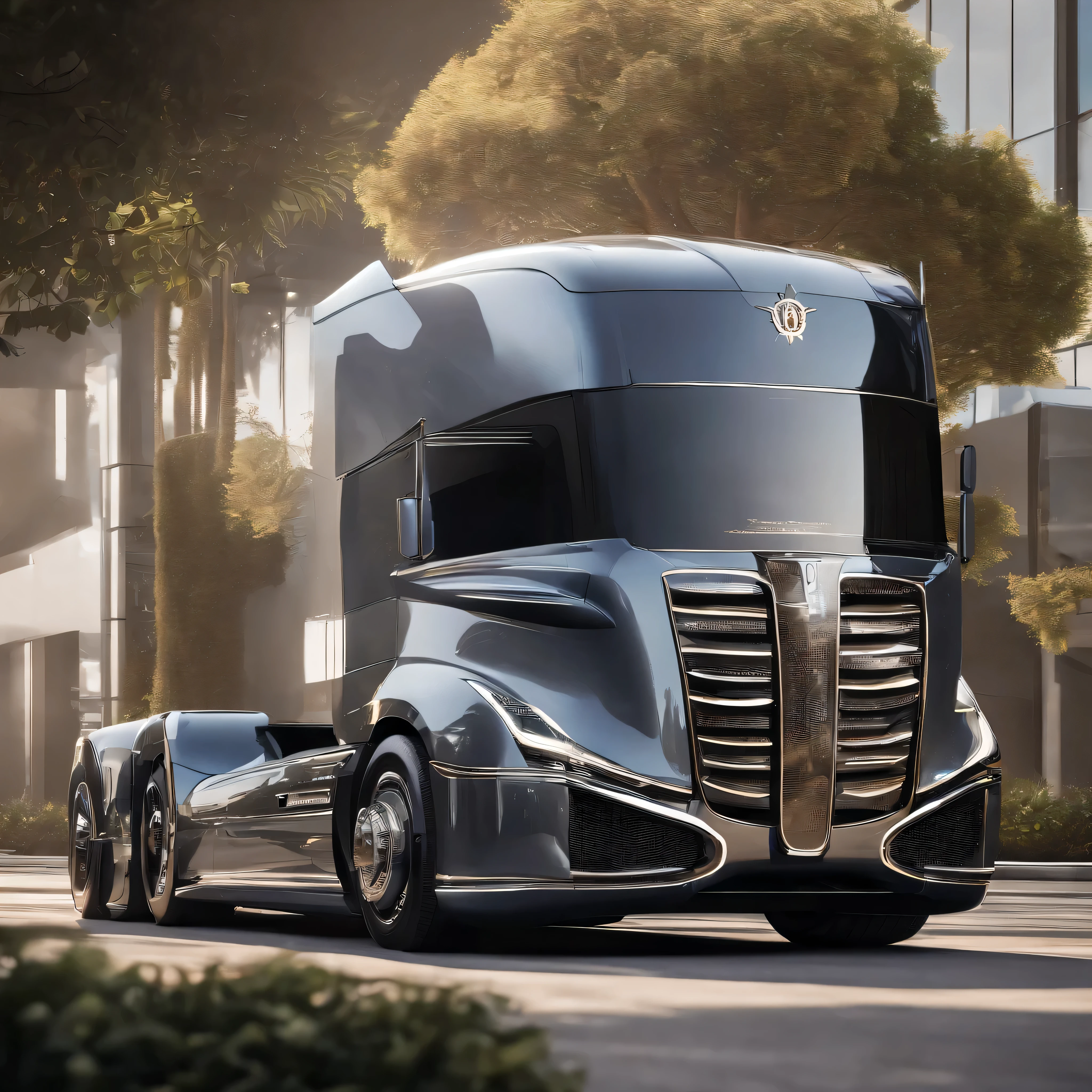 (ultra-detailed,highres,masterpiece:1.2),HDR,UHD,extremely detailed luxury semi truck with sleeper parked on a beautifully landscaped background,medium:realistic, detailed rendering of a 2023 Rolls Royce Ghost semi truck with a glossy black exterior,shiny chrome accents, and large, imposing wheels,professional,portrait-like view of the truck showing its elegant curves and sleek lines,vivid colors,sharp focus on the intricate details of the truck's front grille,headlights,and logo,photorealistic image of the truck's luxuriously appointed sleeper cabin,including plush leather seats,wooden accents,and state-of-the-art technology,concept artist's interpretation of the truck's interior, floor-to-ceiling windows, and panoramic roof,bokeh lighting effect highlighting the truck's regal presence and enhancing its overall appeal,studio lighting emphasizing the truck's high-end craftsmanship and creating a captivating ambiance,exquisite attention to detail in capturing the truck's signature features, such as the iconic Rolls Royce Spirit of Ecstasy figurine, and the elegant Spirit of Ecstasy illuminated grille ornament,meticulously rendered street scene,reflecting the truck's opulence and exclusivity,photography-inspired composition, capturing the truck from an artistic angle,highlighting its grandeur and conveying a sense of power and sophistication.