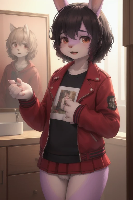 Furry,cute boy,rabbit,light purple fur,curly black hair,red and white striped shirt,open red jacket,square purple skirt,only 1,femboy,(best quality,4k,8k,highres,masterpiece:1.2),ultra-detailed,(realistic,photorealistic,photo-realistic:1.37),vivid colors,portraits,soft and warm color tones,soft lighting