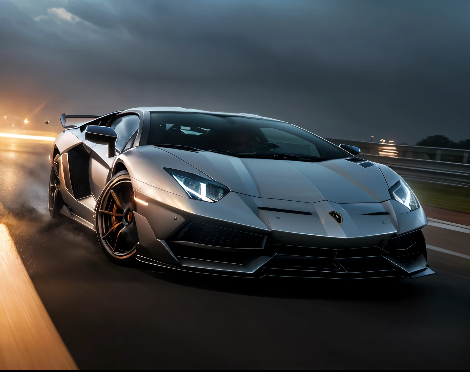Lamborghini aventador sv , color white, drifting chase, action shot, high speed, night life, heavy rain, lens flare, intricate, elegant, highly detailed, realistic, concept art, matte, sharp focus, hearthstone