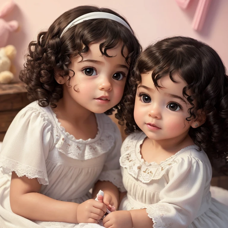 Photo of two identical girls, gemelas, Babies, morenas, (Solo:1.3), raw, Adorable faces, (Detailed facial features:1.2), innocent expressions, (Curly dark hair:1.3), shiny black curls, wrapped in matching white outfits, (Warm, cozy environment), Indoor setting, playing with toys, (Soft, pastel colors), Reflector, (Perfectly proportional bodies:1.1), (Detailed skin texture:1.15), (Realistic, Super realistic:1.3), (Masterpiece: 1.5), (Best Quality:1.2), (High resolution:1.