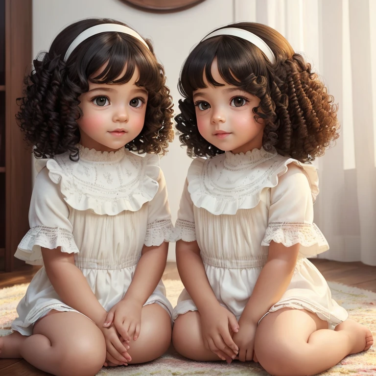 Photo of two identical little girls, gemelas, Babies, morenas, (Solo:1.3), raw, Adorable faces, (Detailed facial features:1.2), innocent expressions, (Curly dark hair:1.3), shiny black curls, wrapped in matching white outfits, (Warm, cozy environment), Indoor setting, playing with toys, (Soft, pastel colors), Reflector, (Perfectly proportional bodies:1.1), (Detailed skin texture:1.15), (Realistic, Super realistic:1.3), (Masterpiece: 1.5), (Best Quality:1.2), (High resolution:1.