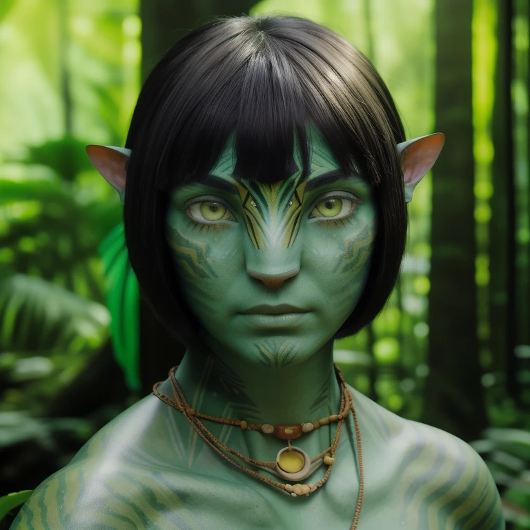 avatar style, (face portrait:1.6), naavi, 1girl, female, (silver eyes), (big eyes), ((eyebrowless)), pointy ears, (forest green skin tone:1.0), (straight hair:1.0), black hair color, ((bobcut hair with bangs)), (young adult), 18 years old, face wrinkles, wearing colorful tribal clothing, (wearing tribal acessories), detailed eyes, toned body, muscled body, vibrant colors, glowing, ethereal atmosphere, surrealistic dreamy lighting, textured skin, otherworldly beauty, mesmerizing photography, (best quality, highres), vivid colors, ultrarealistic, skin details, striped skin, sfw, face close-up:0.5, ultradetailed body, ((green skin)), AvatarNeytiri