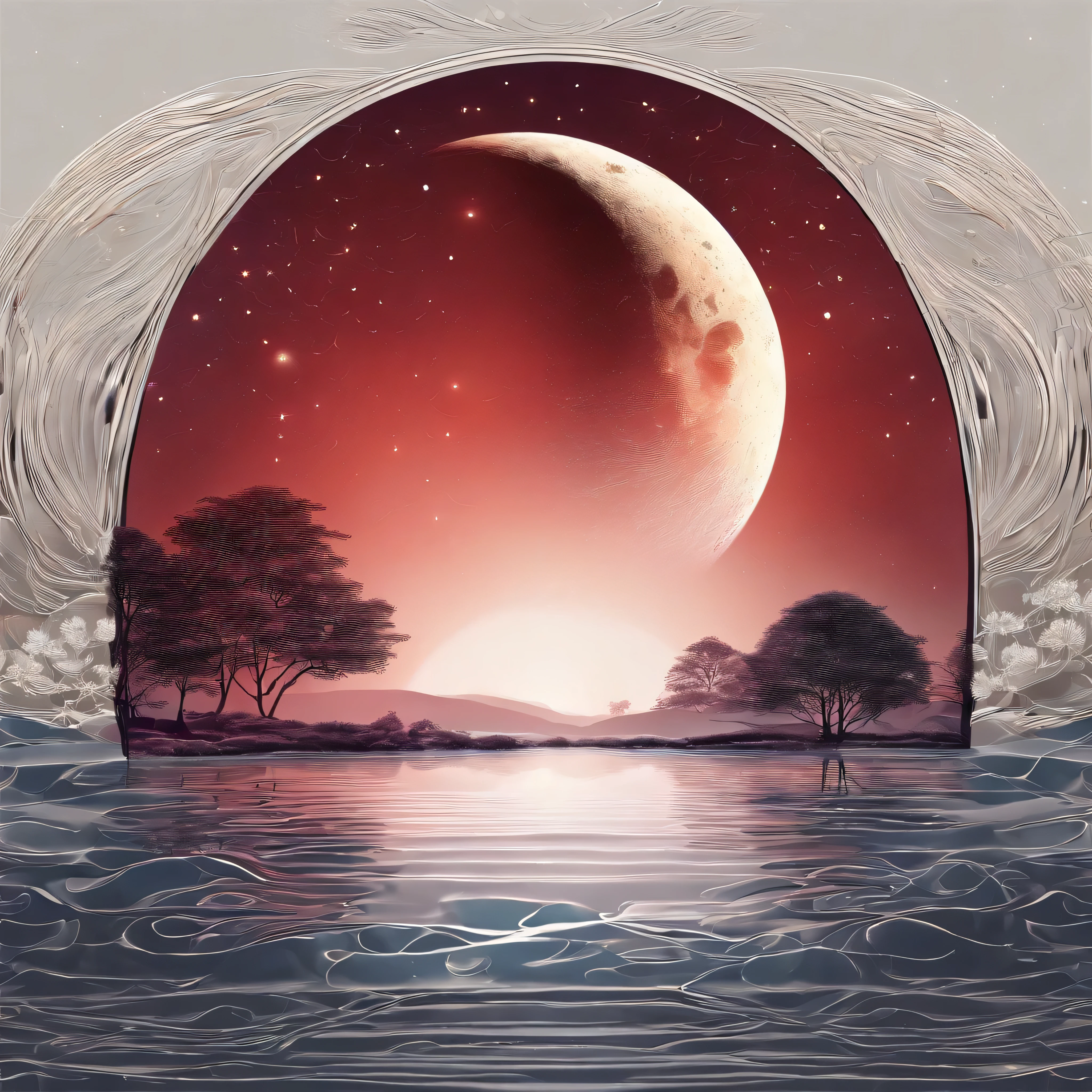 masterpiece:1.2, ultra-detailed, realistic:1.37, red moon reflected in water, symmetrical scene, serene atmosphere, glistening water surface, tranquil garden setting, glowing red moon, crimson moonlight, dark silhouettes of trees, twinkling stars in the night sky, pure reflection of the moon in the calm water, peaceful and ethereal mood, meticulously detailed moon surface, colorful flowers in bloom, delicate ripples on the water, soft moonlight illuminating the surroundings, calm and stillness, water shimmering with the moon's reflection, mystical and enchanting ambiance, best quality, highres