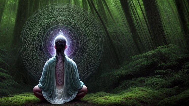 Monge meditando na floresta. vestes largas. Fantastic world. Sombras e silhuetas. Feeling of contemplation and strength. high definition image, high detailing and dreamlike drawing style. Symbols of nature, OM, zen, mystic, cores vibrantes Imagem com pelo menos 300 dpi, HD, Digital art