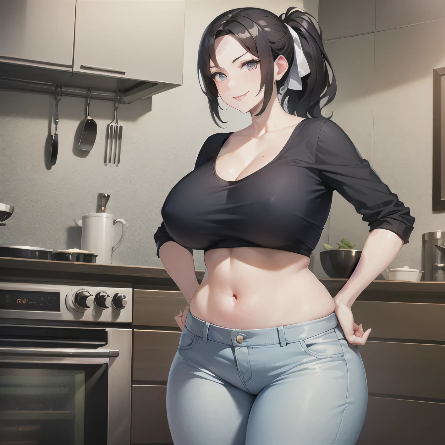 Masterpiece, Best quality, (real), 1girl, Single, Mature female, MILF, Maternal, brow, Older, 49yo, Huge breasts, Narrow waist, Wide hips, winding, Wide hips, (Styled hair, long hair, High ponytail, Dark hair, Dark eye, black shirt, split, Short sleeves, jeans, Denim), Acquaintance, Hands on your knees, Looking at the viewer, He smiles, kitchen