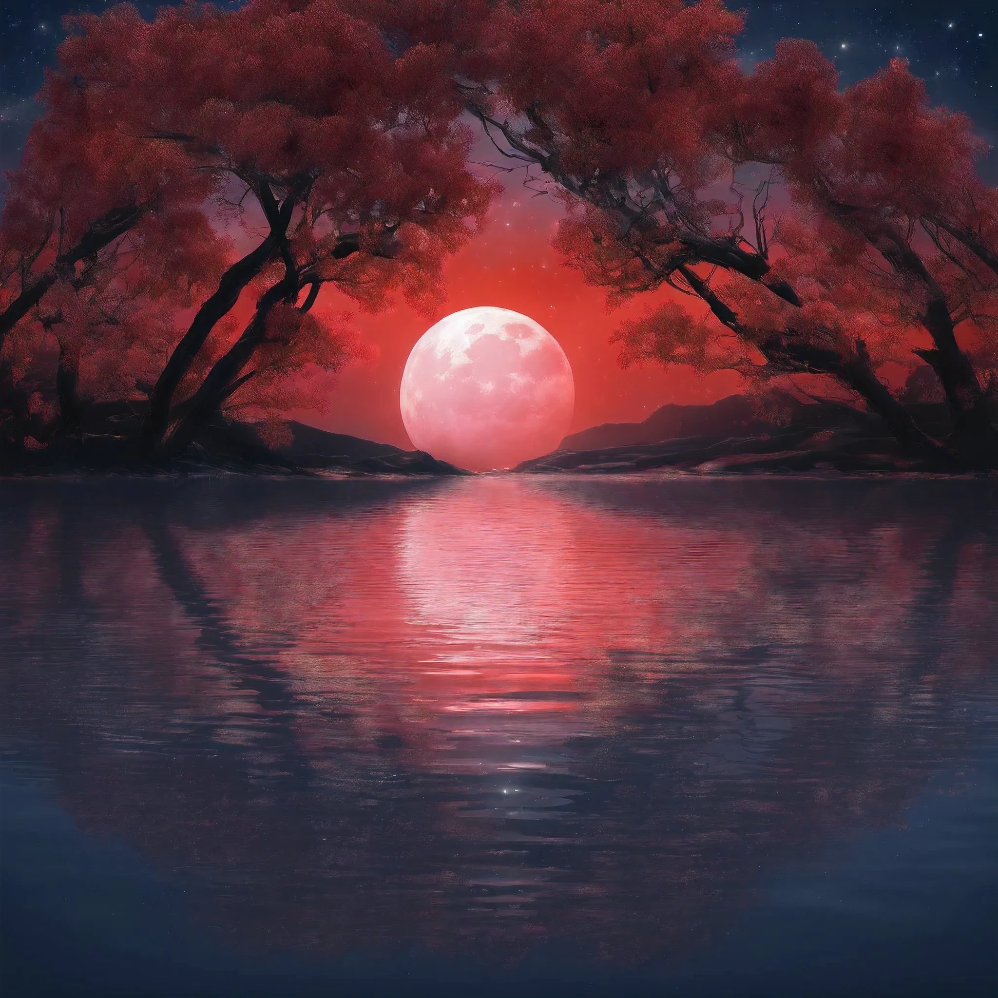 masterpiece:1.2, ultra-detailed, realistic:1.37, red moon reflected in water, symmetrical scene, serene atmosphere, glistening water surface, tranquil garden setting, glowing red moon, crimson moonlight, dark silhouettes of trees, twinkling stars in the night sky, pure reflection of the moon in the calm water, peaceful and ethereal mood, meticulously detailed moon surface, colorful flowers in bloom, delicate ripples on the water, soft moonlight illuminating the surroundings, calm and stillness, water shimmering with the moon's reflection, mystical and enchanting ambiance, best quality, highres