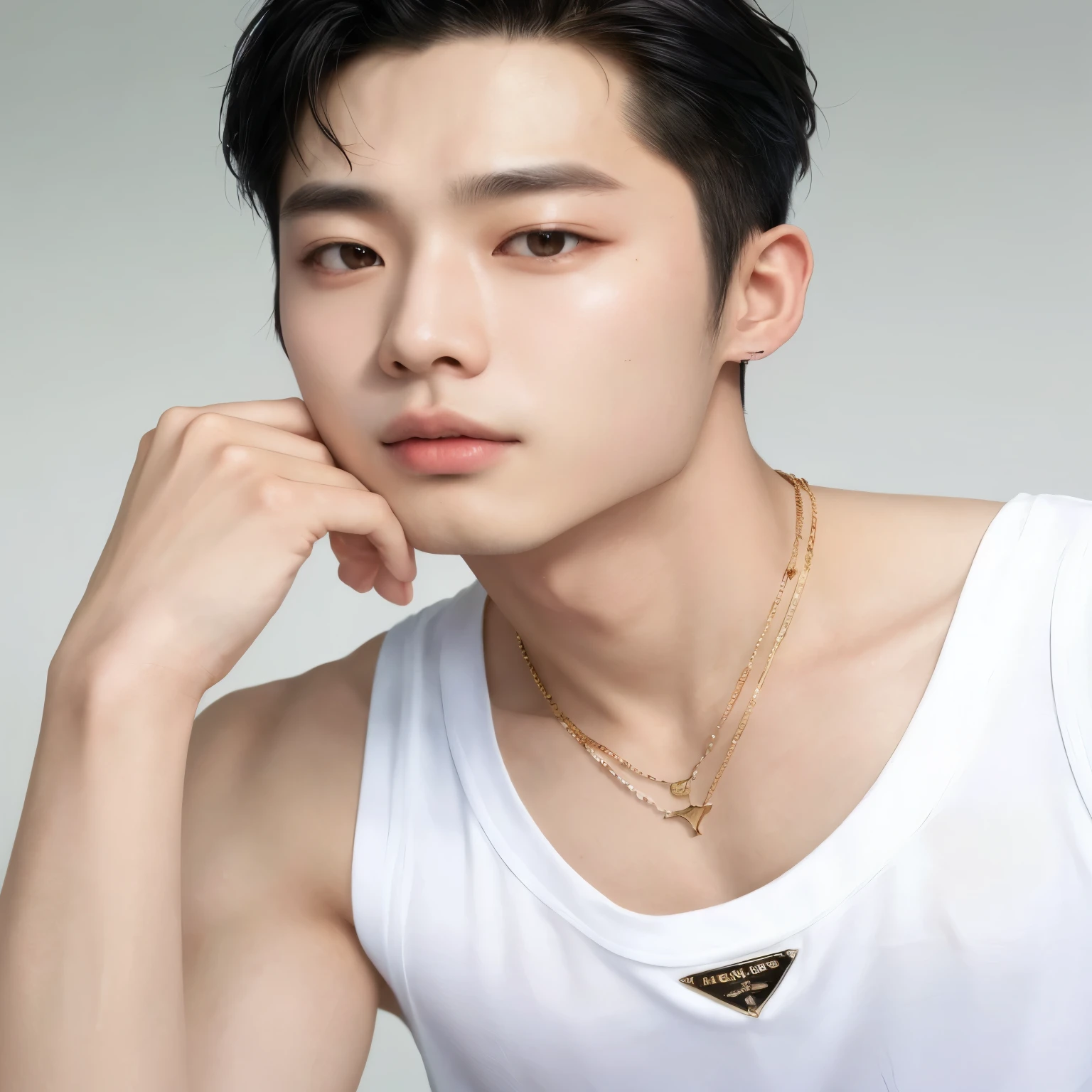 Araafed asian man in white blouse with gold necklace and hand on chin, Wonbin Lee, who is siwoo, Jung Jaehyun, hyung tae, inspirado em Zhang Han, homem sul-coreano, Hong junho hyung, Kim Doyoung, Yanjun Chengt, Tae June Kim, artista coreano, lindo chad queixo, Seseon Yoon, hyung tae kim