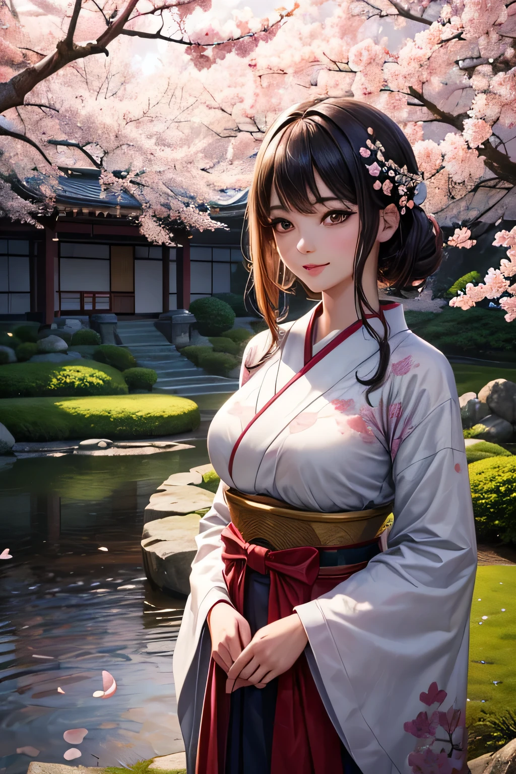 ((Best quality)), ((masterpiece)), ((realistic)), Girl with flawless beauty standing in a serene Japanese garden with cherry blossoms on eye level, scenic, masterpiece, (highres), original, extremely detailed 8K , (photorealistic:1.4),flawless face, perfect eyes,symmetrica body shape,smile,