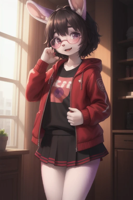 Furry,cute boy,rabbit,light purple fur,curly big black hair,red and white striped shirt,open red jacket,square purple skirt,circle purple glasses,only 1,femboy,(best quality,4k,8k,highres,masterpiece:1.2),ultra-detailed,(realistic,photorealistic,photo-realistic:1.37),vivid colors,portraits,soft and warm color tones,soft lighting