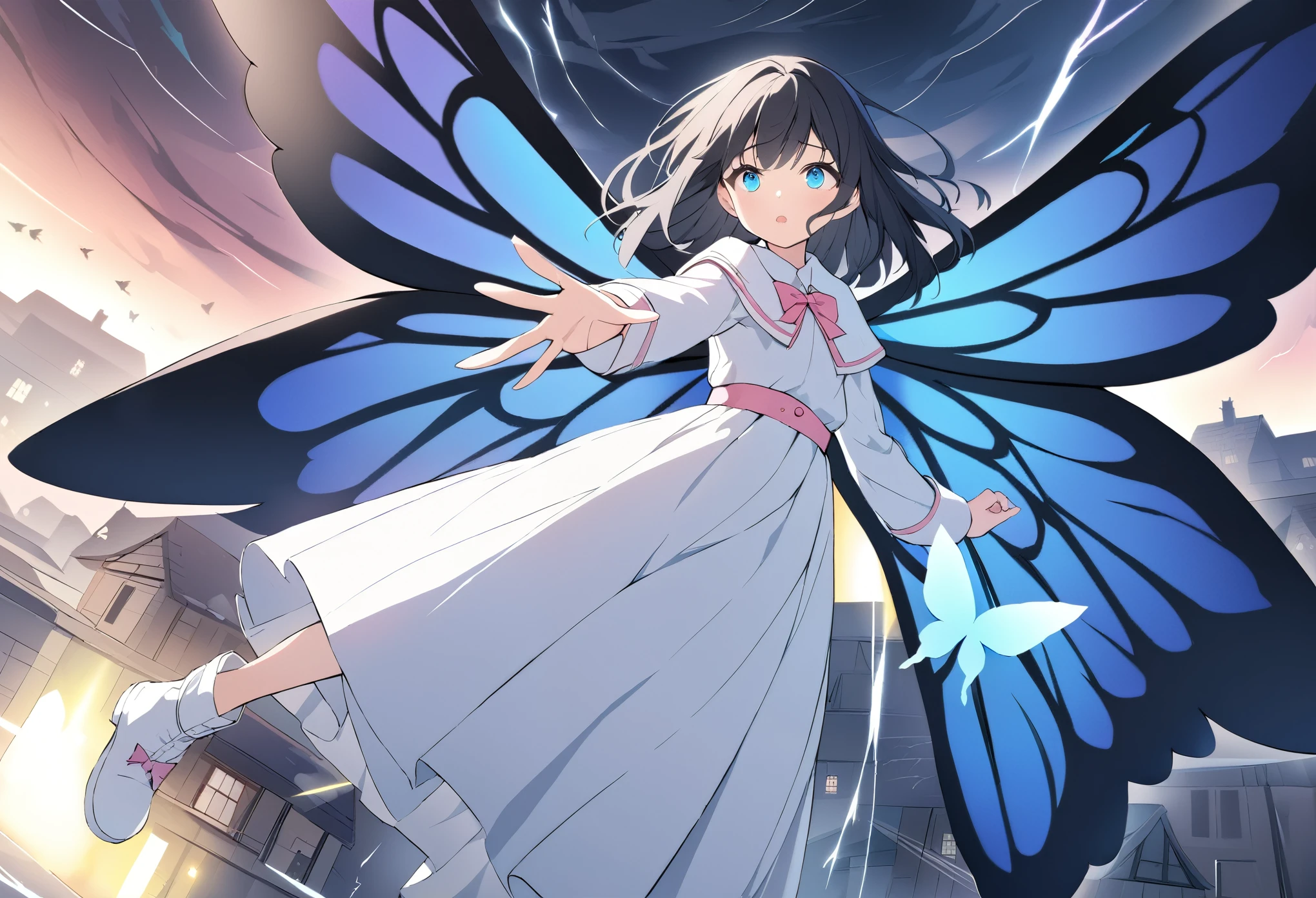 best quality, masterpiece, ultra resolution, super details, anatomically correct, 1 girl, solo, junior child, (black hair:1.2), high quality eyes, high quality hands, (clear deep blue eyes:1.3), (medium hair), loose hair, no hair ornaments, white dress with pink edge, (white caplet:1.3), (large collar bow:1.3), long sleeves, (wide cuffs:1.3), pink obi, (long skirt:1.4), (white soft ankle boots:1.2), (huge swallowtail butterfly wings:1.3), (wings of colorful light:1.3), spreading wings, (levitating), legs together, flying in the storm, staring eyes, calling out, anxious, (one hand reaching forward:1.3), above a town, visible wind streams, high quality background, depth of field