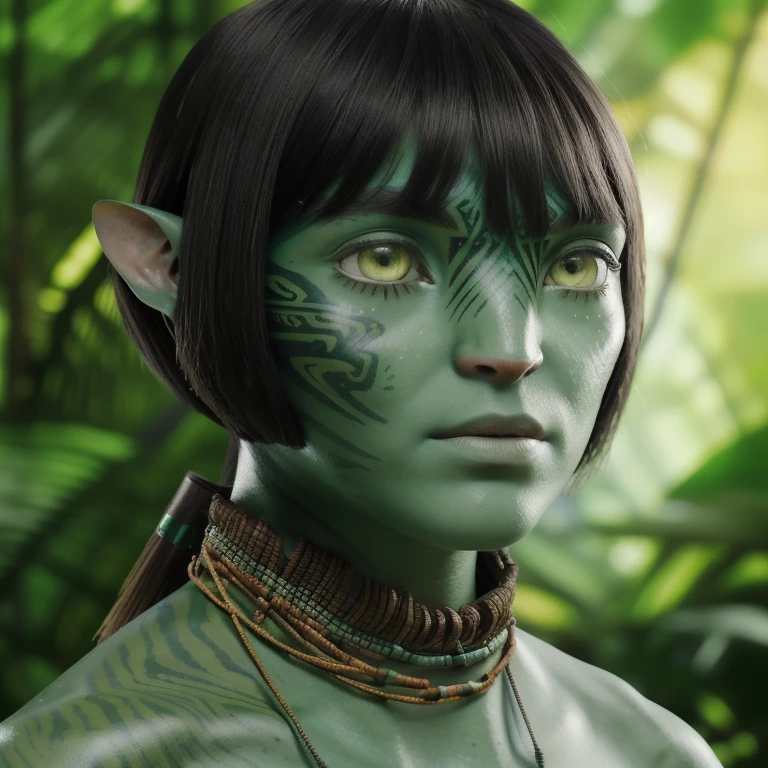 avatar style, (face portrait:1.6), naavi, 1girl, female, (silver eyes), (big eyes), ((eyebrowless)), pointy ears, (forest green skin tone:1.0), (straight hair:1.0), black hair color, ((bobcut hair with bangs)), (young adult), 18 years old, face wrinkles, wearing colorful tribal clothing, (wearing tribal acessories), detailed eyes, toned body, muscled body, vibrant colors, glowing, ethereal atmosphere, surrealistic dreamy lighting, textured skin, otherworldly beauty, mesmerizing photography, (best quality, highres), vivid colors, ultrarealistic, skin details, striped skin, sfw, face close-up:0.5, ultradetailed body, ((green skin)), AvatarLoak