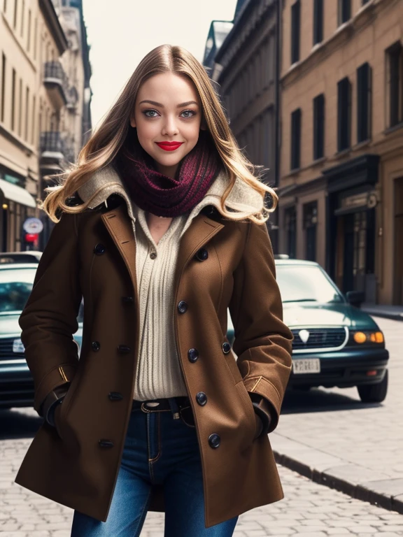 Amanda Seyfried、(masterpiece:1.0), (Highest_quality:1.2), (Dark Shot:1.3), Classic Rogue, 1991 Rogue X-Men, 1 girl, Only 1, Head to Toe, standing on street corner, Elegant pose, (clothing: Brown winter coat, Brown color hood, Down lining, White scarf, gloves, jeans) Medium length hair, Brown Hair, Wavy Hair, One gray hair, Green Eyes, Mischievous look, Grin, Lips parted, Red lipstick, Heavy makeup, Confident expression, Backlight, (realism: 1.5), (Realistic: 1.4), (Disorganized:1.4), 8k, Very detailed, Detailed beautiful woman, (background: Midnight, it's snowing, On the streets of New York, Snowy Night), Official Art, Very detailed CG Unity 8k wallpaper, Perfect lighting, colorful, 超High resolution, photograph, 8k, High resolution, Kodak Portrait 400, Film Grain, blurry background, (Bokeh:1.2), (Vibrant_color:1.2), Film Grain:1.2, (Warm colors, Warm Tones:1.2), (color photo), Professional Photograph