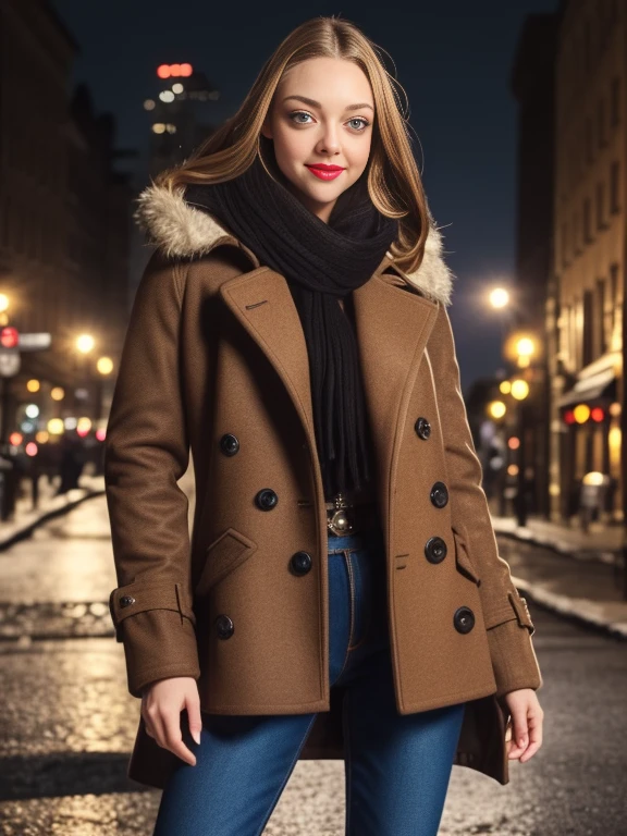 Amanda Seyfried、(masterpiece:1.0), (Highest_quality:1.2), (Dark Shot:1.3), Classic Rogue, 1991 Rogue X-Men, 1 girl, Only 1, Head to Toe, standing on street corner, Elegant pose, (clothing: Brown winter coat, Brown color hood, Down lining, White scarf, gloves, jeans) Medium length hair, Brown Hair, Wavy Hair, One gray hair, Green Eyes, Mischievous look, Grin, Lips parted, Red lipstick, Heavy makeup, Confident expression, Backlight, (realism: 1.5), (Realistic: 1.4), (Disorganized:1.4), 8k, Very detailed, Detailed beautiful woman, (background: Midnight, it's snowing, On the streets of New York, Snowy Night), Official Art, Very detailed CG Unity 8k wallpaper, Perfect lighting, colorful, 超High resolution, photograph, 8k, High resolution, Kodak Portrait 400, Film Grain, blurry background, (Bokeh:1.2), (Vibrant_color:1.2), Film Grain:1.2, (Warm colors, Warm Tones:1.2), (color photo), Professional Photograph