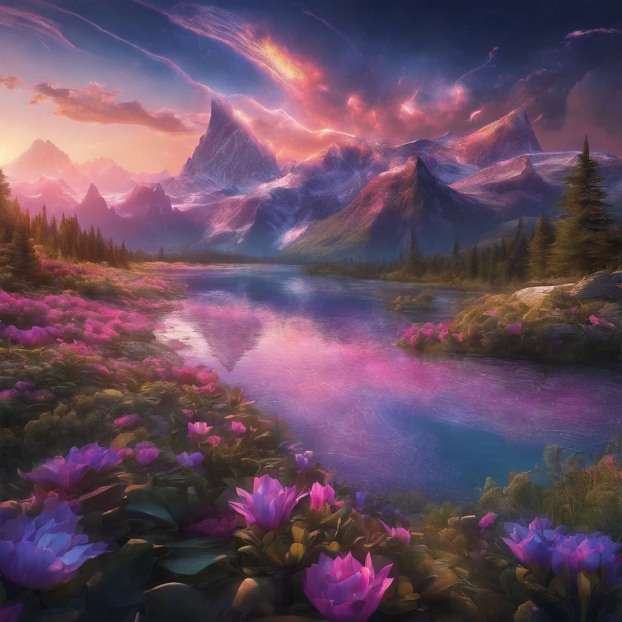 (best quality,8k,highres,hyperrealism:1.2),vibrant colors,sharp focus,insanely detailed,Libertywave style, (hyper-realistic,photorealistic:1.37) rendition of an ethereal scene. The image showcases the immense beauty of nature in stunning detail, capturing the essence of the Libertywave art style.
The centerpiece of the artwork is a breathtaking landscape, with majestic mountains stretching towards the heavens. These mountains are covered in a vibrant tapestry of lush greenery, with trees standing tall and proud, adorned with vibrant leaves that shimmer and dance in the wind. The sunlight cascades through the trees, casting enchanting patterns of light and shadow on the terrain below.
In the foreground, a crystal-clear river meanders through the landscape, reflecting the surrounding scenery with perfect clarity. The water ripples gently, creating a sense of tranquility and serenity. Delicate flowers adorn the riverbanks, their petals showcasing an array of colors, from deep purples to vibrant pinks.
As you explore the image further, your eyes are drawn to the sky above. The heavens are ablaze with a stunning display of colors, as if the Aurora Borealis has descended upon this ethereal world. Ribbons of vibrant blues, purples, and pinks dance across the night sky, creating a mesmerizing spectacle that illuminates the entire scene.
Every element of the image is meticulously crafted with hyperrealistic detail. Every leaf, every blade of grass, and every petal is rendered with impeccable precision, allowing the viewer to fully immerse themselves in this magical world. The colors are vibrant and intense, evoking a sense of wonder and joy.
The image is rendered in 8k high definition, ensuring that every minute detail is captured with utmost clarity. The sharp focus allows the viewers to appreciate the intricate textures and patterns present throughout the artwork. The result is a visually stunning masterpiece that transports viewers to a realm of beauty and serenity.