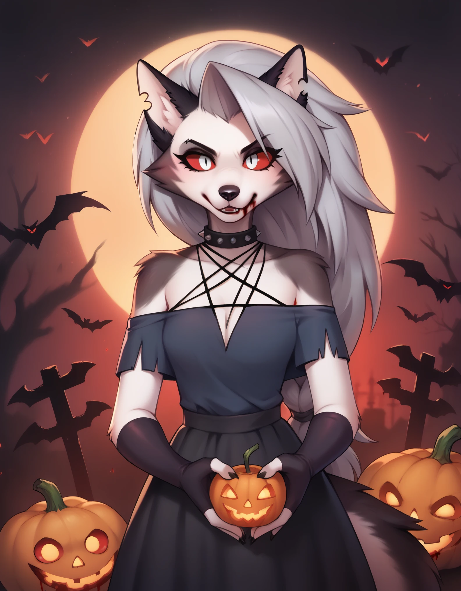 score_9, score_8_up, score_7_up, score_6_up, safe content, by vivzmind, mammal, canid, canid demon, demon, canine, monster, anthro, female, fur, solo, hair, white body, white fur, helluva boss, holidays, hellhound, loona, red sclera, dress, white eyes, braided hair, halloween, blood, official art, blood from eye