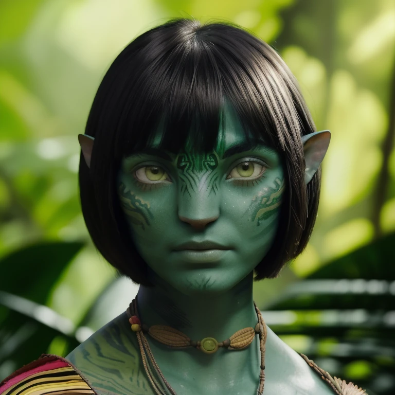 avatar style, (face portrait:1.6), naavi, 1girl, female, (silver eyes), (big eyes), ((eyebrowless)), pointy ears, (forest green skin tone:1.0), (straight hair:1.0), black hair color, ((bobcut hair with bangs)), (young adult), 18 years old, face wrinkles, wearing colorful tribal clothing, (wearing tribal acessories), detailed eyes, toned body, muscled body, vibrant colors, glowing, ethereal atmosphere, surrealistic dreamy lighting, textured skin, otherworldly beauty, mesmerizing photography, (best quality, highres), vivid colors, ultrarealistic, skin details, striped skin, sfw, face close-up:0.5, ultradetailed body, ((green skin)), AvatarLoak