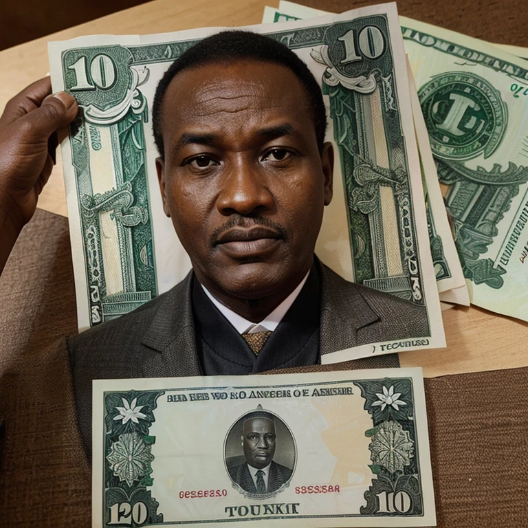 Banknote and new currency with the head of Ahmed Sékou Toure, the former president of Guinea. This new currency is called the syli so add an s on the note and a nimba statue