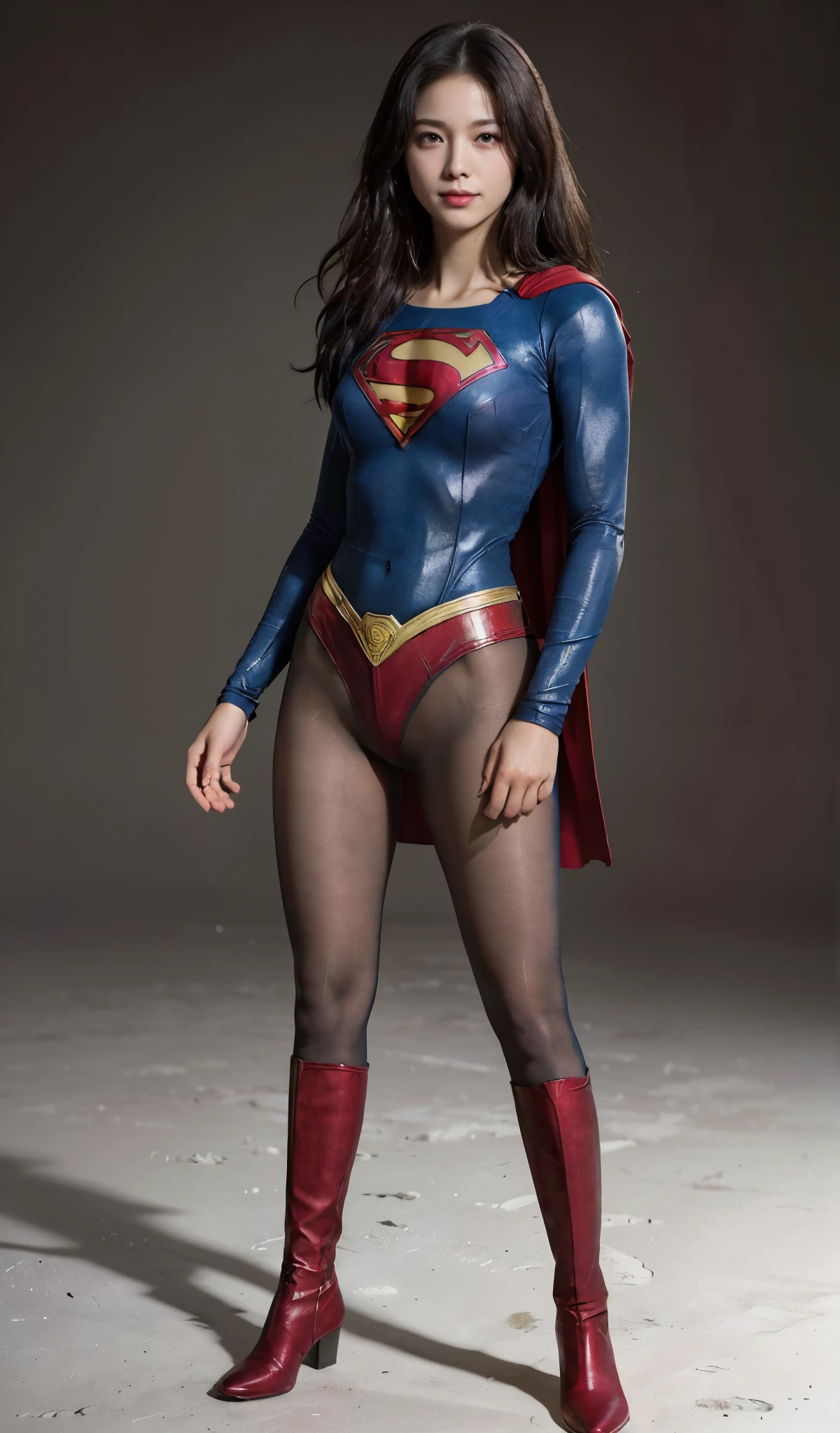No background、(((Beautiful legs in black tights.)))、(((Legally express the beauty of your smile)))、((((Make the most of your original images)))、(((Supergirl Costume)))、(((A form-fitting Supergirl costume)))、(((Beautiful Hair)))、(((suffering)))、(((Please wear black tights....、Wear red boots)))、((Best image quality、8k))、((highest quality、8k、masterpiece:1.3))、(((Preserve background )))、Sharp focus:1.2、Beautiful woman with perfect figure:1.4、Slim Abs:1.2、Wet body:1.5、Highly detailed face and skin texture、8k
