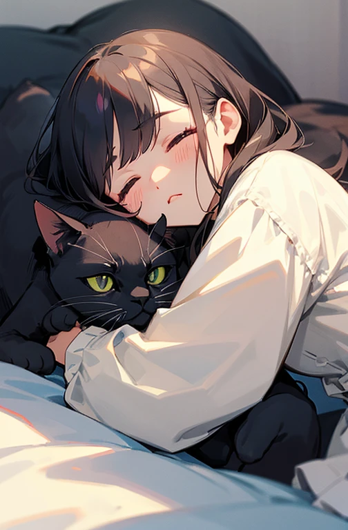 pretty girl、Sleepy face、With black cat、