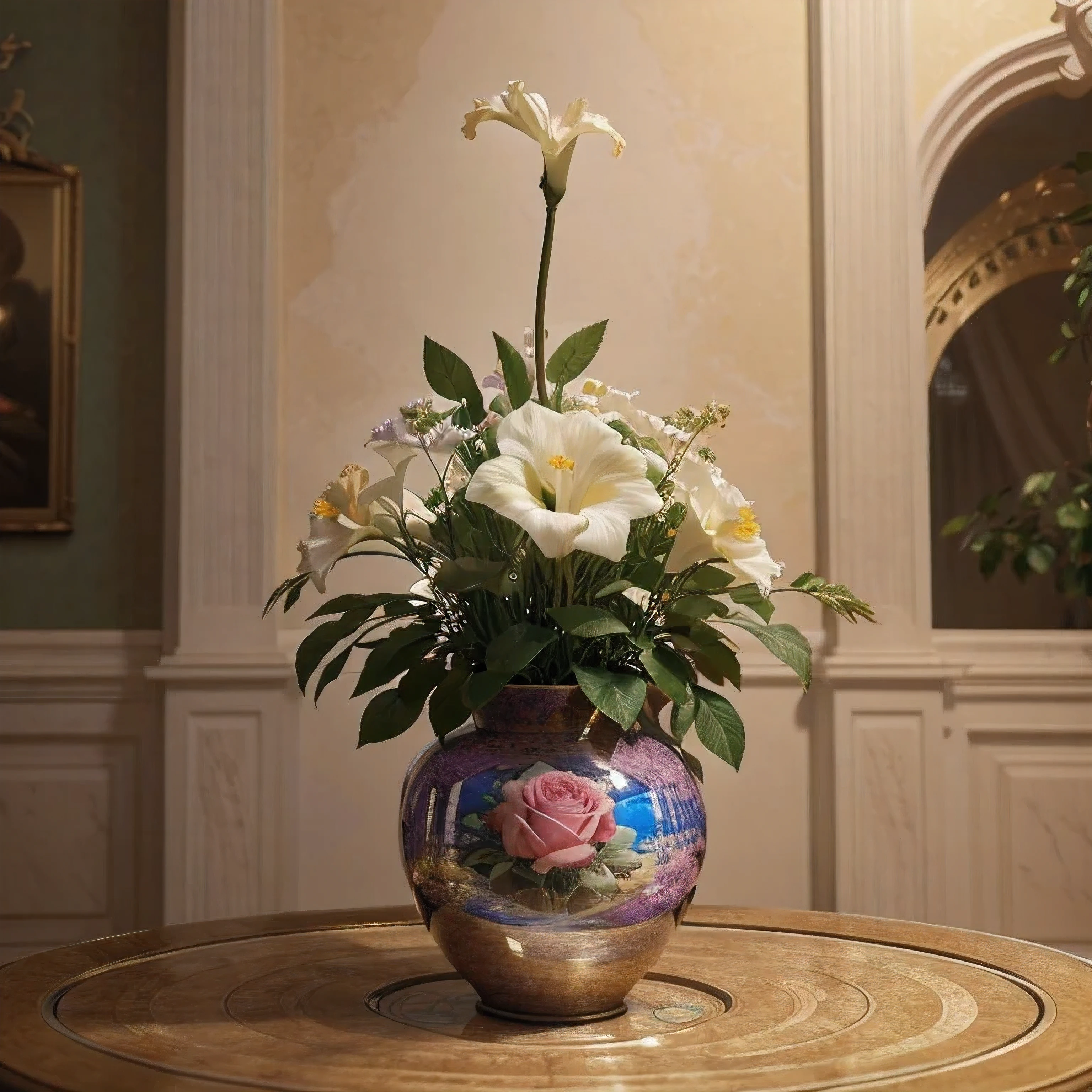 Best quality, masterpiece, ultra high res, (photorealistic: 1.4), absurd,
Iris blooms in the vase, fanciful creature,
 CircuitBoardAI, Best quality, masterpiece, ultra-high resolution, (photorealistic: 1.4), absurd, a fantasy Rose Diadem bloom in the pot, CircuitBoardAI,
