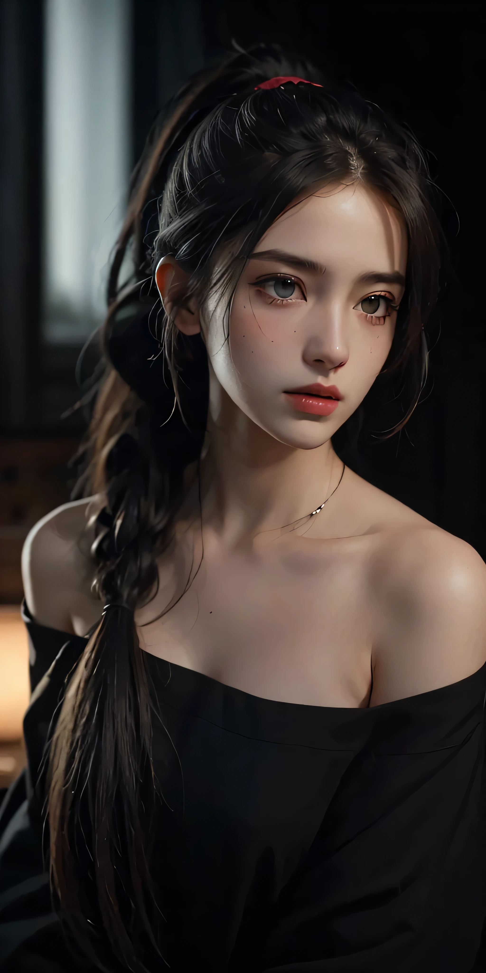 Best quality, masterpiece, ultra high res, (photorealistic:1.5), raw photo, 1girl, offshoulder, in the dark, deep shadow, low key, cold light, sexy look, long hair, Long hair tied in a ponytail,