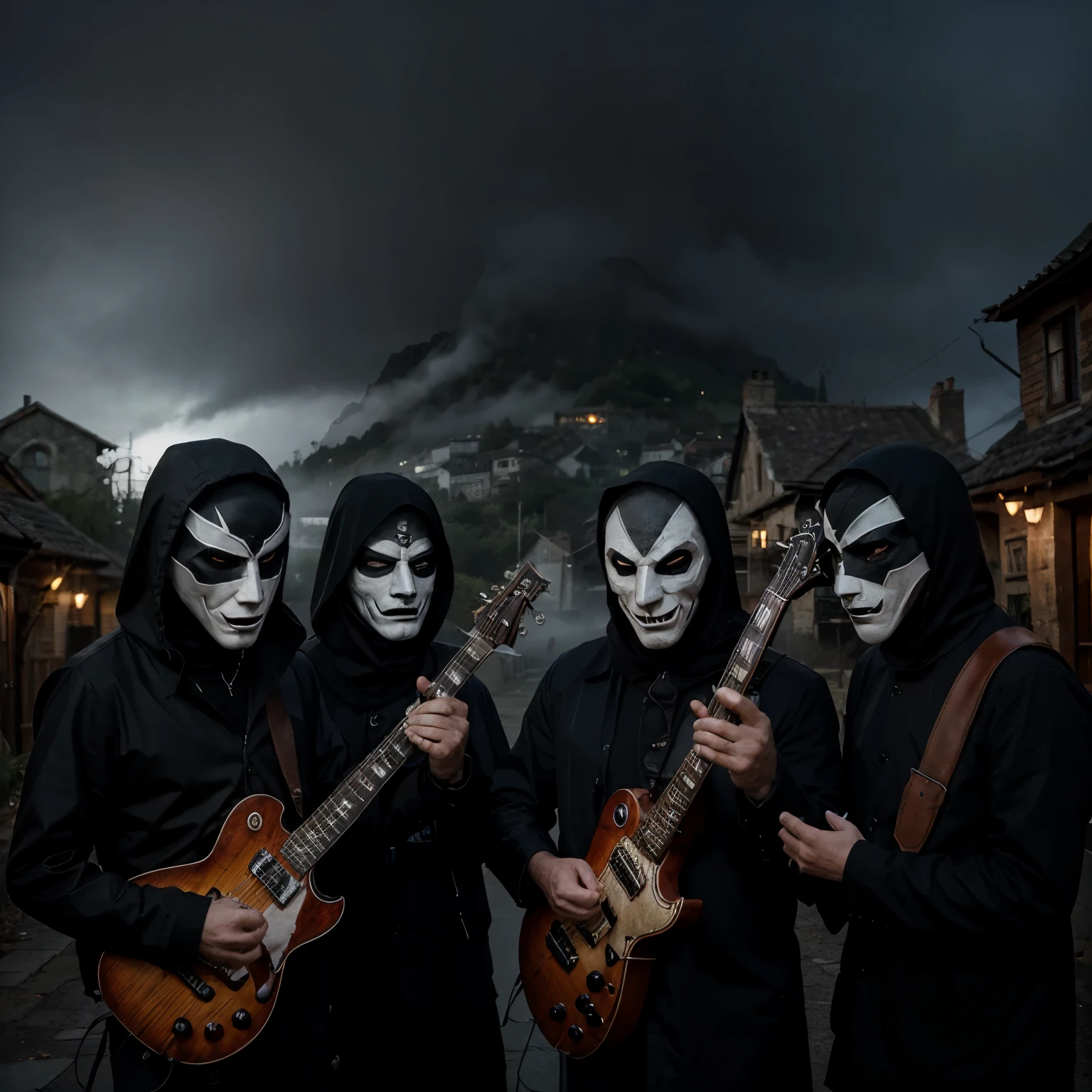 A rock band made up of 5 masked men with scary masks in a gloomy village and fog in the background