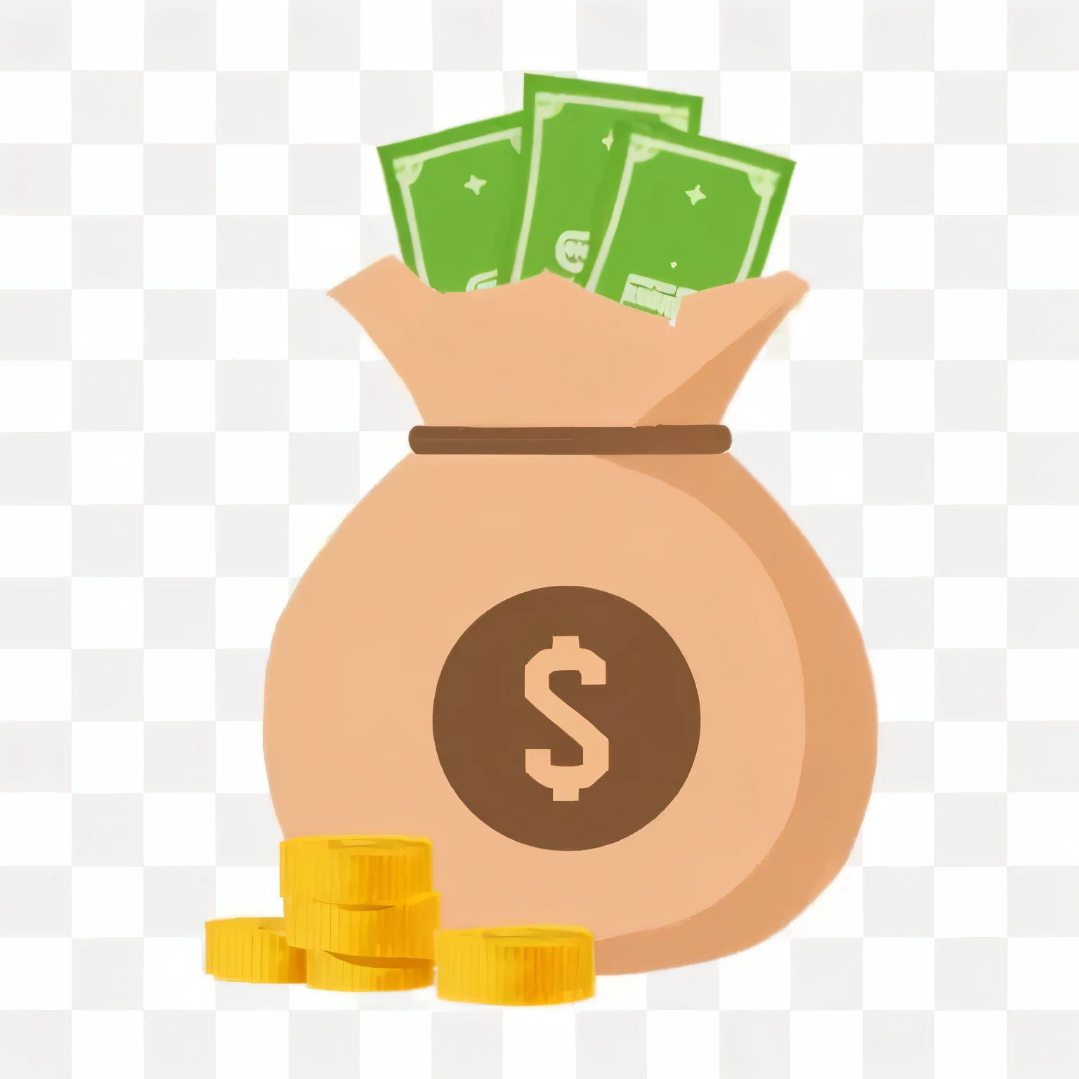 um saco de dinheiro com moedas de dinheiro e uma pilha de dinheiro, sacos de dinheiro, ad image, imagem de alta qualidade, png descompactado, Alta qualidade de imagem, imagem de alta qualidade, flat illustration, simple illustration, SVG illustration, carregado, muito estilizado, com pilhas de moedas ao seu redor, prosperous, extremely high budget, com muitas moedas de ouro