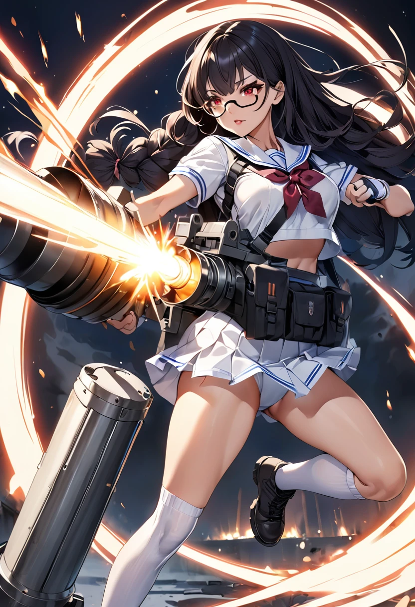 masterpiece、highest quality、Ultra-high resolution、Maximum resolution、Very detailed、Professional Lighting、anime、woman、thin、so beautiful、high school girl、White sailor suit、White knee-high socks、Firing a Gatling gun、Red Eye、Black Hair、long hair、Braided Hair、Fingerless Gloves、Beautiful eyes、Gloss Lip、Tactical Boots、Equipped with transparent orange shooting glasses、Equipped with a chest rig、Single Player Battlefield、Aggressive pose