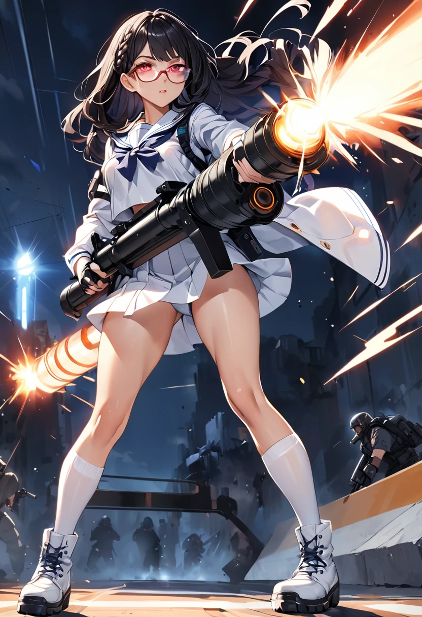 masterpiece、highest quality、Ultra-high resolution、Maximum resolution、Very detailed、Professional Lighting、anime、woman、thin、so beautiful、high school girl、White sailor suit、White knee-high socks、Firing a Gatling gun、Red Eye、Black Hair、long hair、Braided Hair、Fingerless Gloves、Beautiful eyes、Gloss Lip、Tactical Boots、Equipped with transparent orange shooting glasses、Equipped with a chest rig、Single Player Battlefield、Aggressive pose